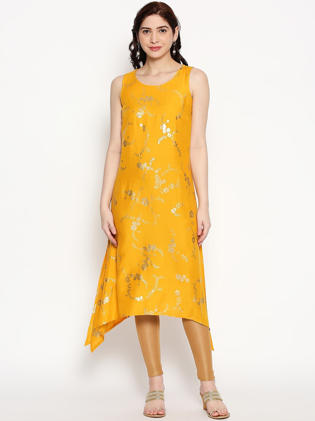 

RANGMANCH BY PANTALOONS Women Yellow & Gold-Toned Printed A-Line Kurta