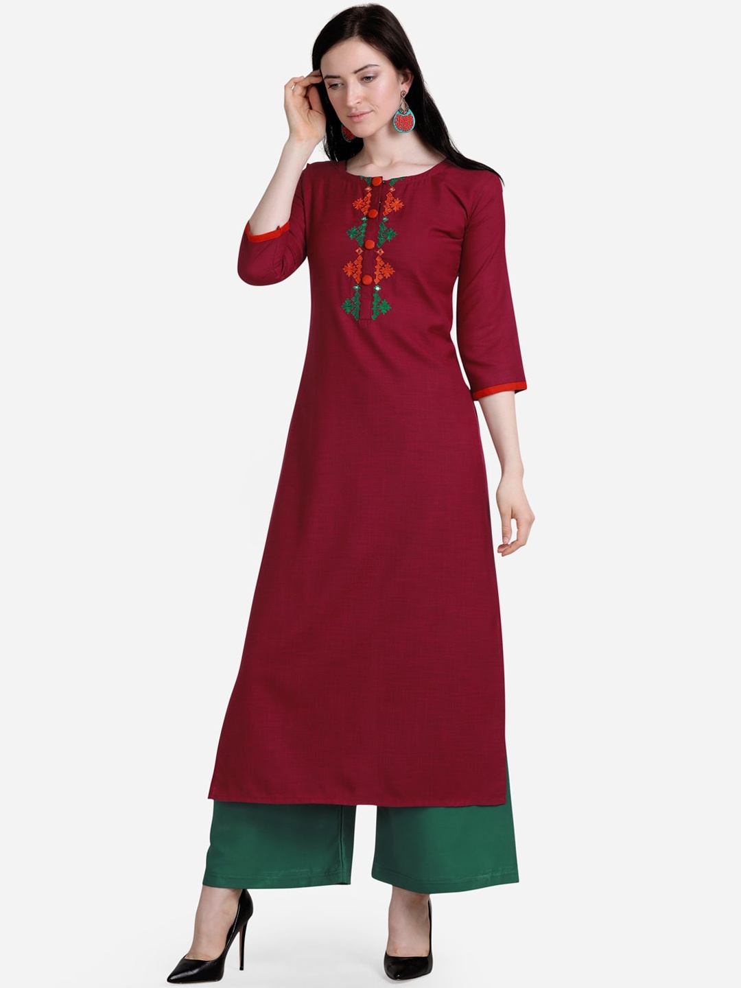 

Florence Women Maroon & Green Embroidered Kurta with Palazzos