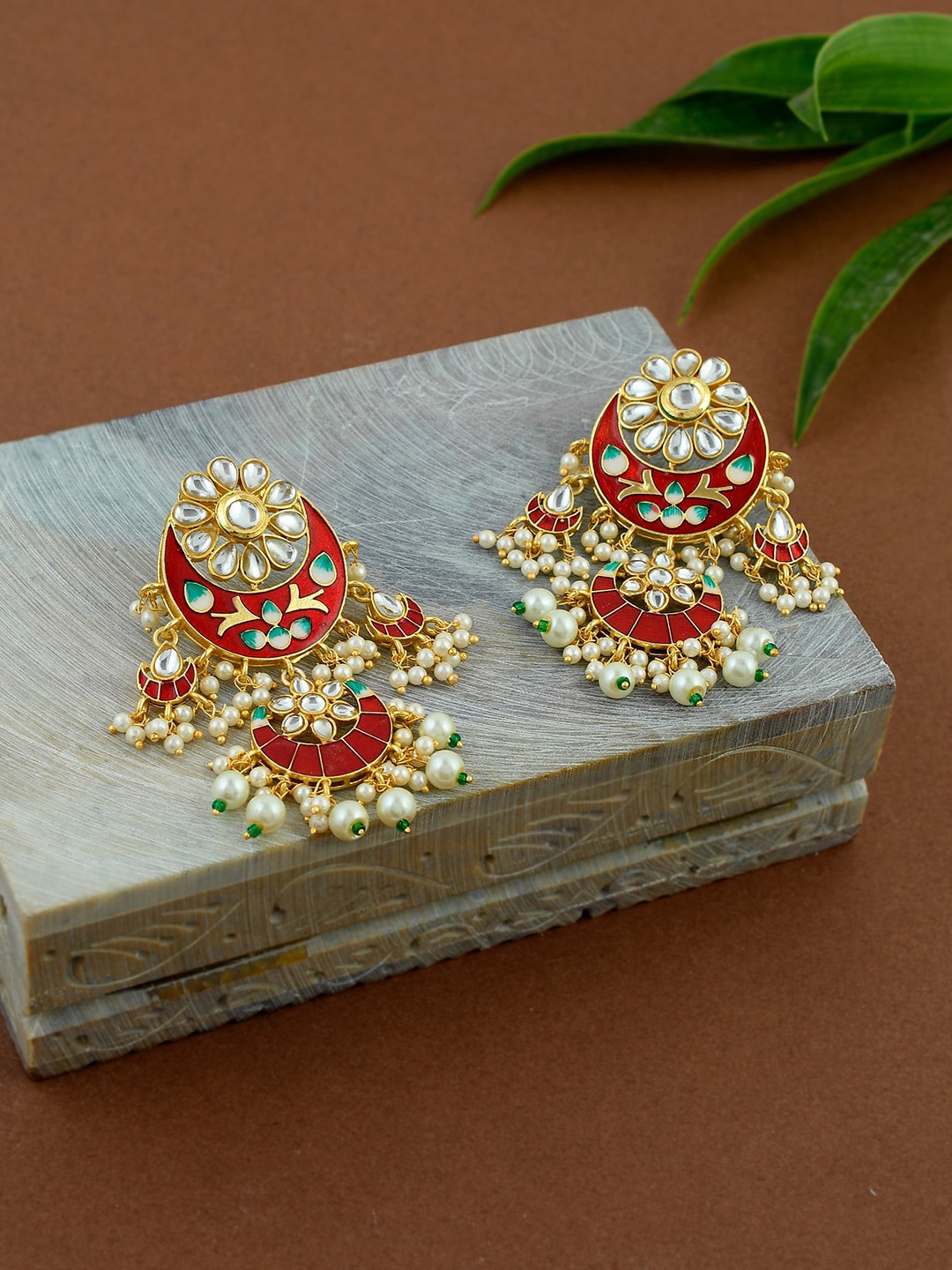 

Silvermerc Designs Gold & Red Crescent Shaped Chandbalis