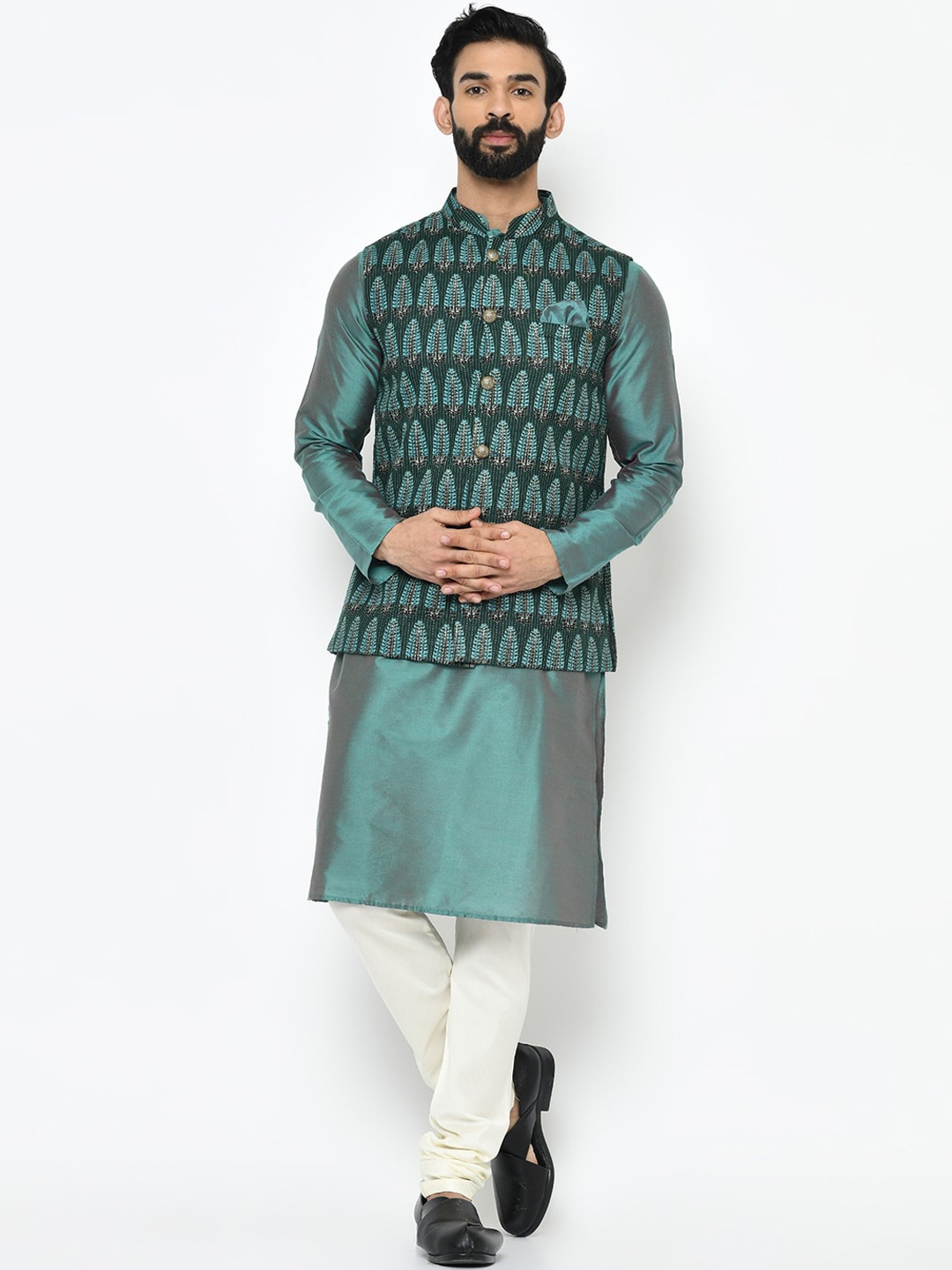 

KISAH Men Green & White Solid Kurta with Pyjamas & Nehru Jacket