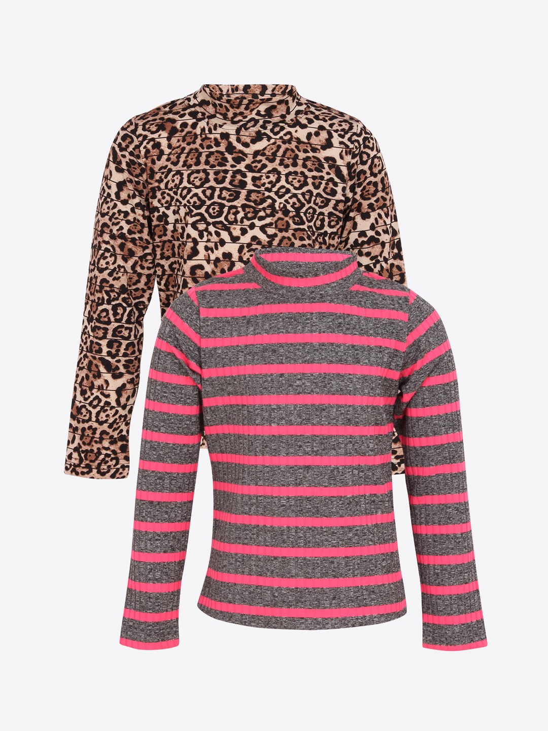 

CUTECUMBER Girls Brown & Grey Pack of 2 Striped High Neck T-shirt