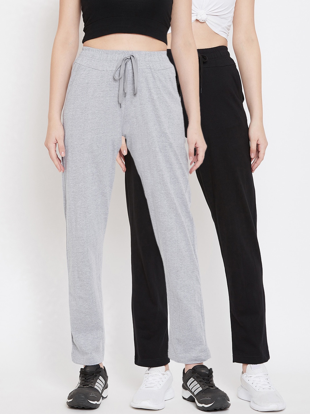 

StyleStone Women Pack of 2 Black & Grey Melange Solid Track Pants