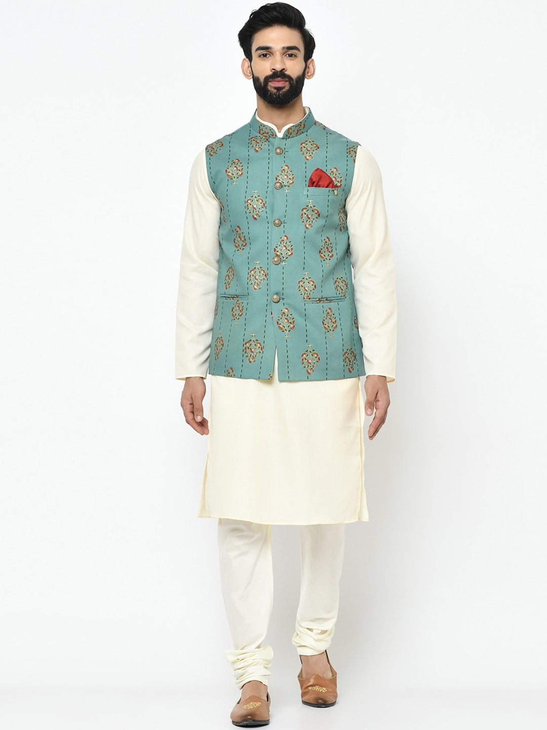 

KISAH Men Off-White Solid Kurta Set with Jacket