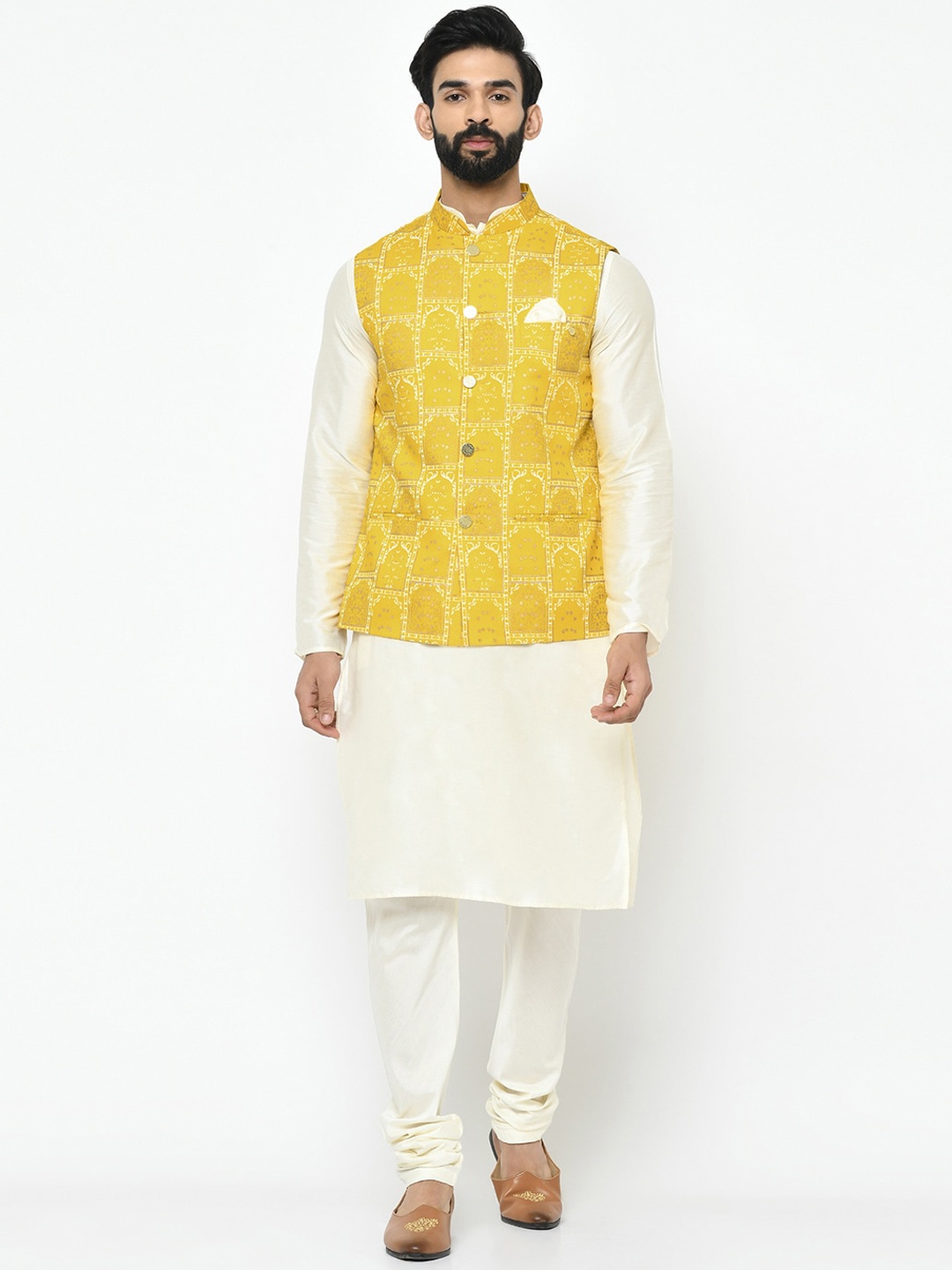 

KISAH Men Yellow & Gold-Toned Self Design Kurta with Churidar, Cream