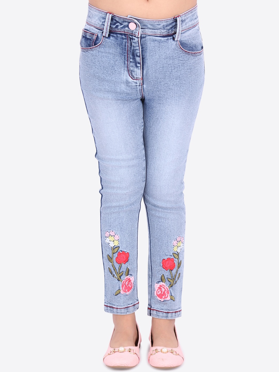 CUTECUMBER Girls Blue & Pink Regular Fit Mid-Rise Low Distress Jeans