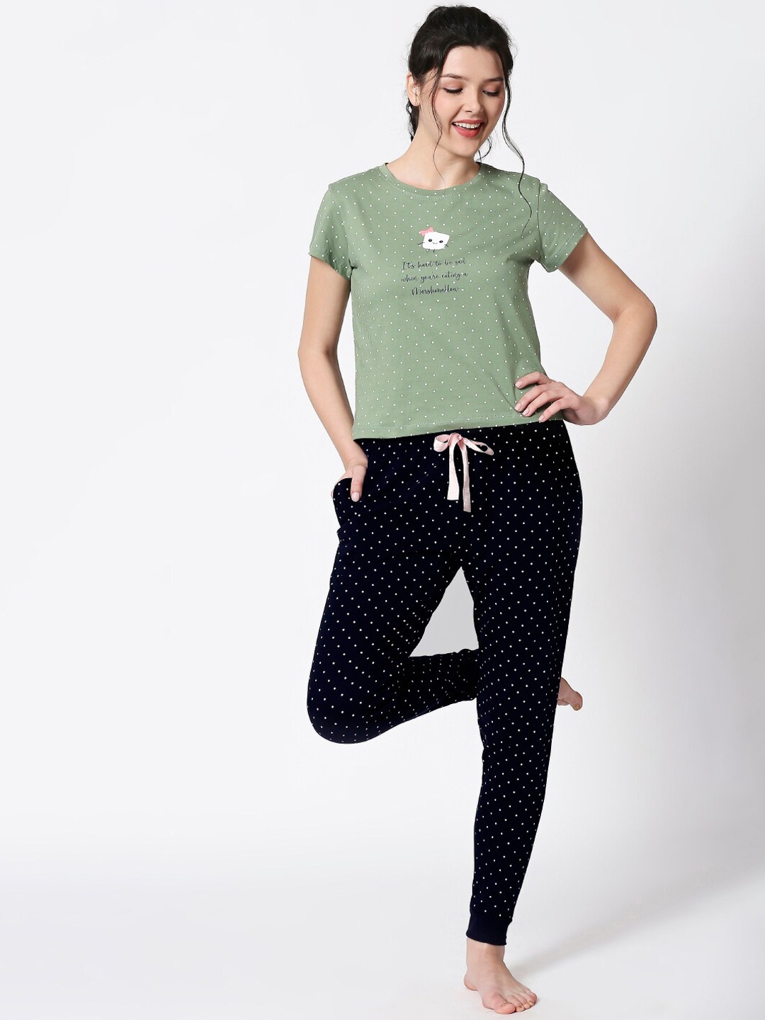

I like me Women Olive Green & Navy Blue Printed Night Suit