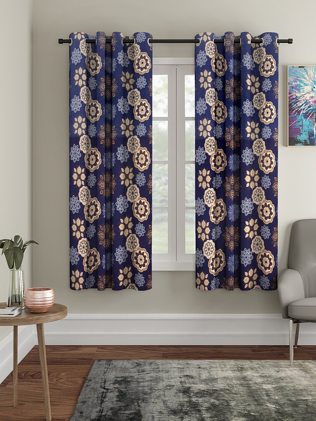Cortina Navy Blue & Beige Set of 2 Digital Printed Window Curtains, Brown