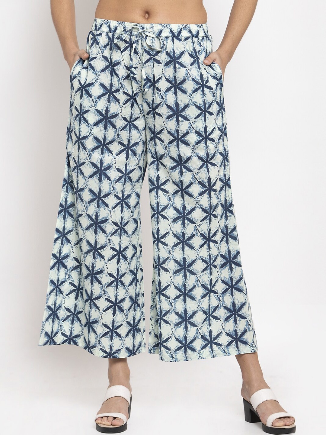 

SOUNDARYA Women White & Blue Printed Flared Palazzos
