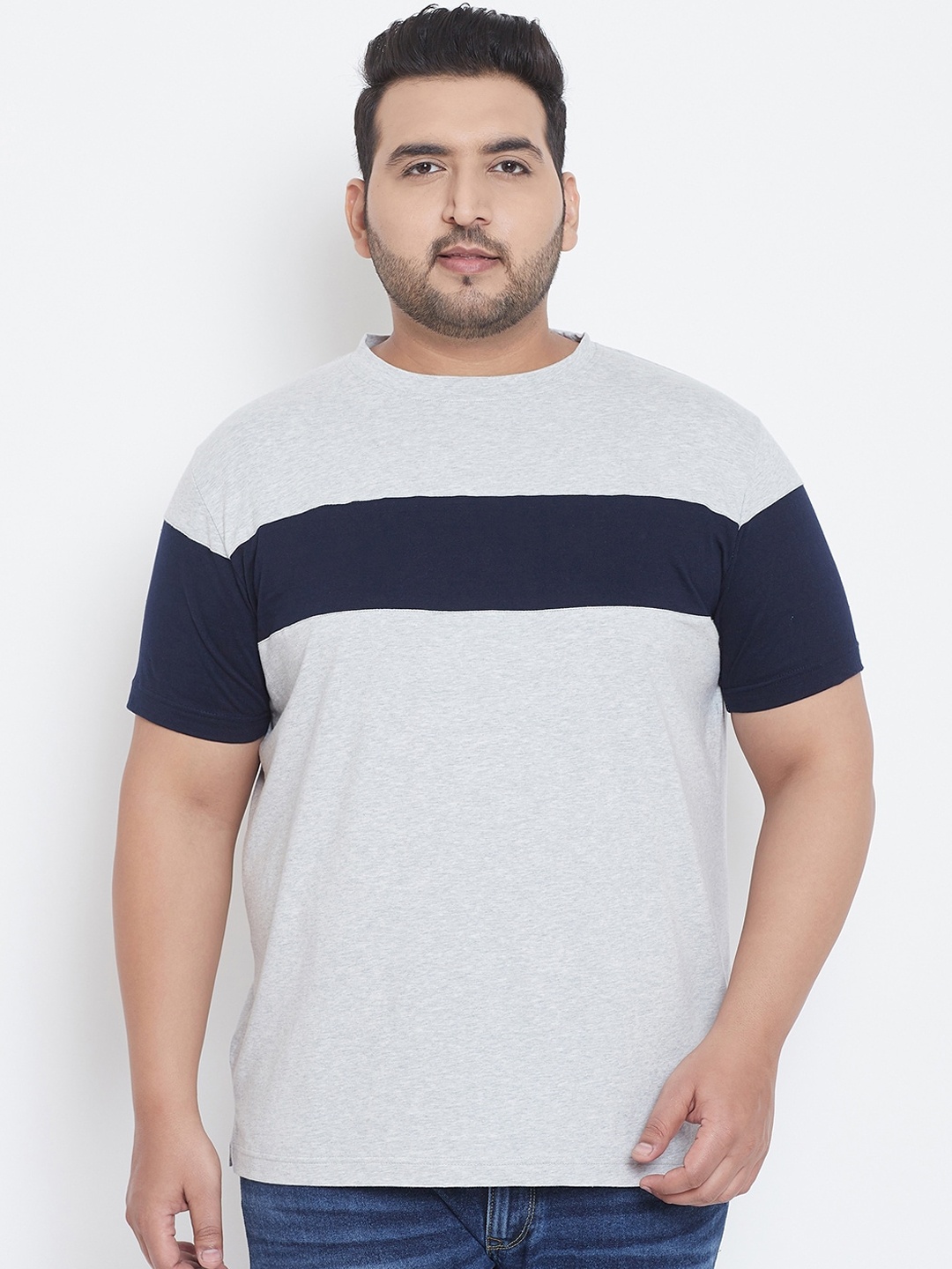 bigbanana Men Plus Size Grey Striped Round Neck T-shirt