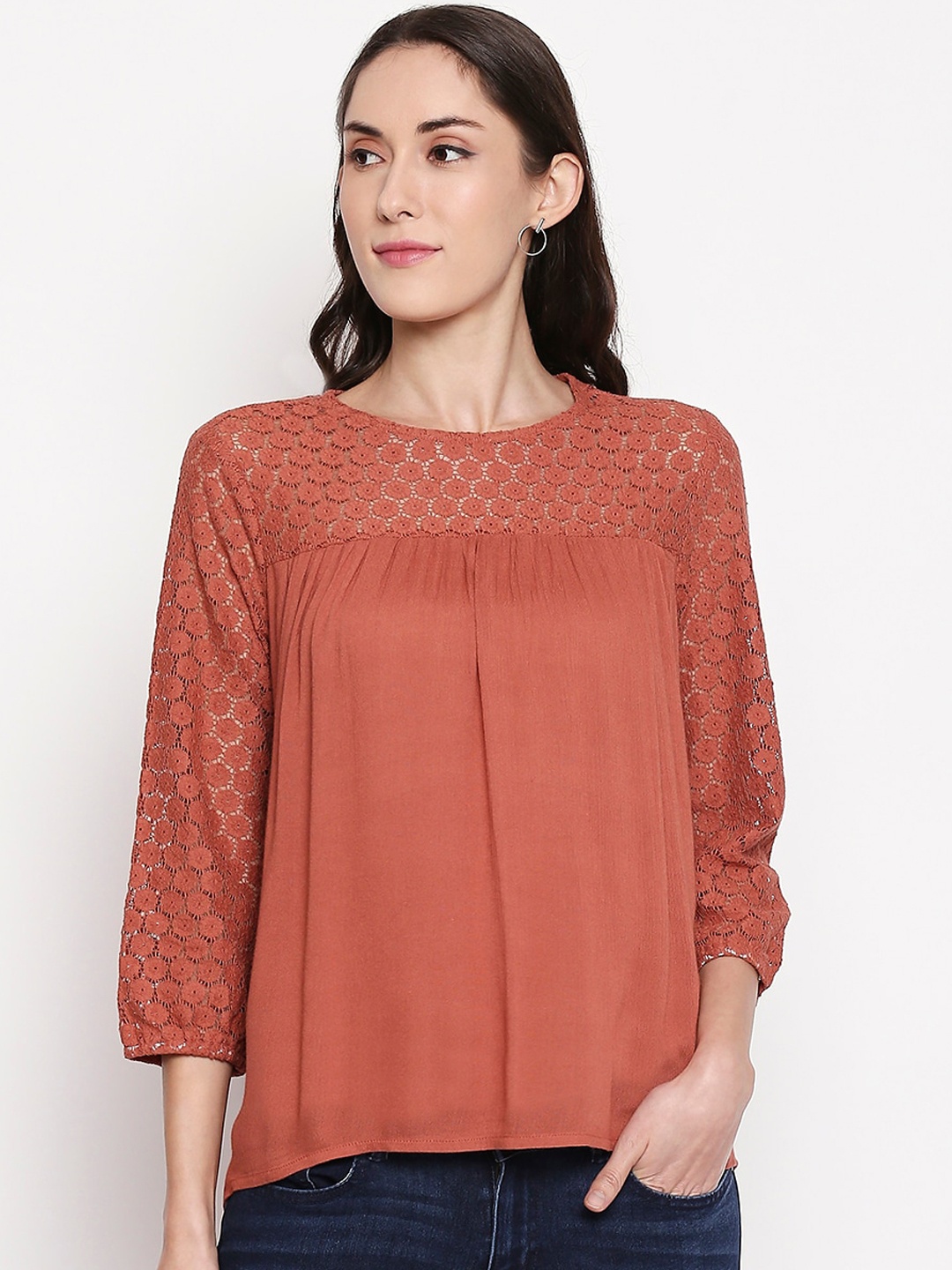 

Honey by Pantaloons Women Rust Orange Self Design Top