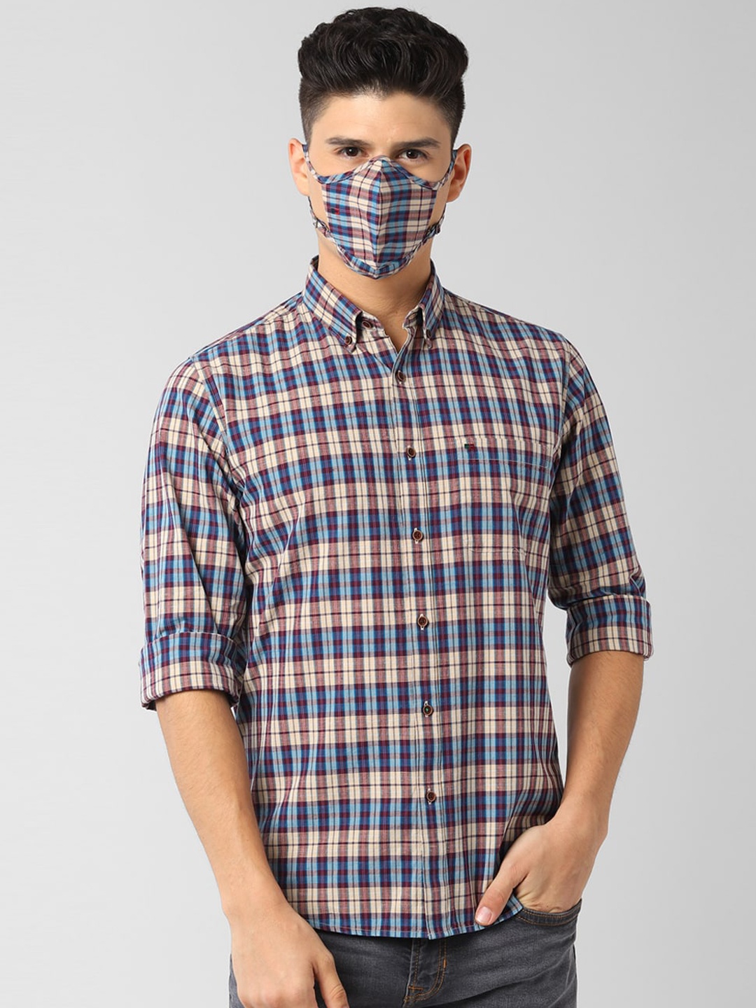 Peter England Men Blue & Magenta Slim Fit Checked Casual Shirt