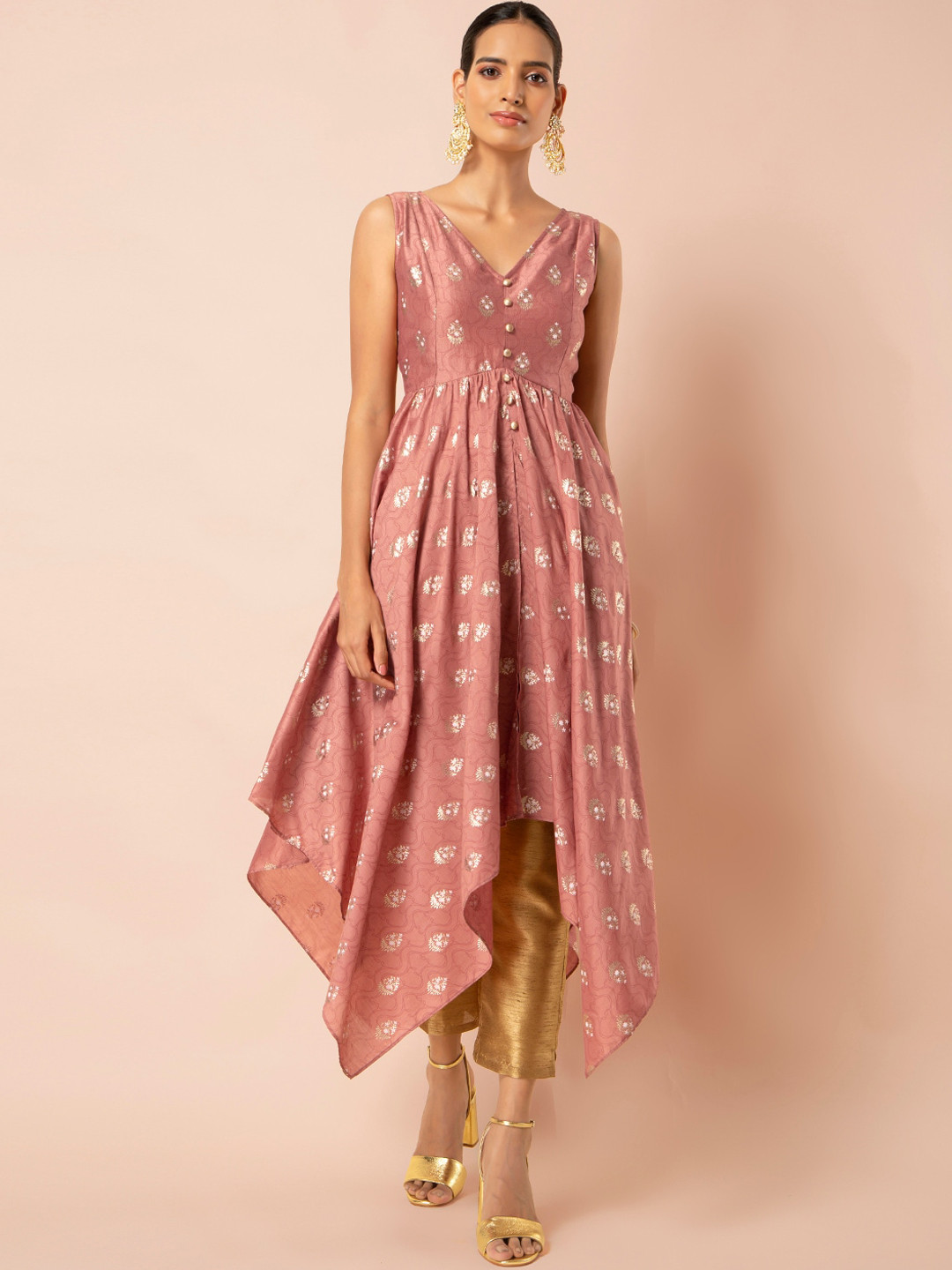 

INDYA Pink Foil Flared High Low Kurta