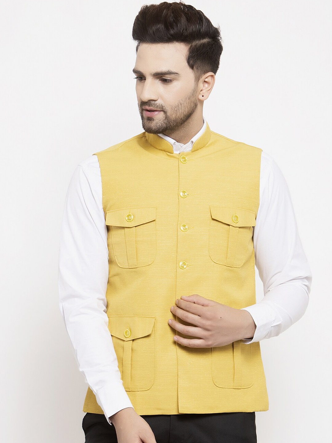 

KLOTTHE Men Yellow Solid Nehru Jacket