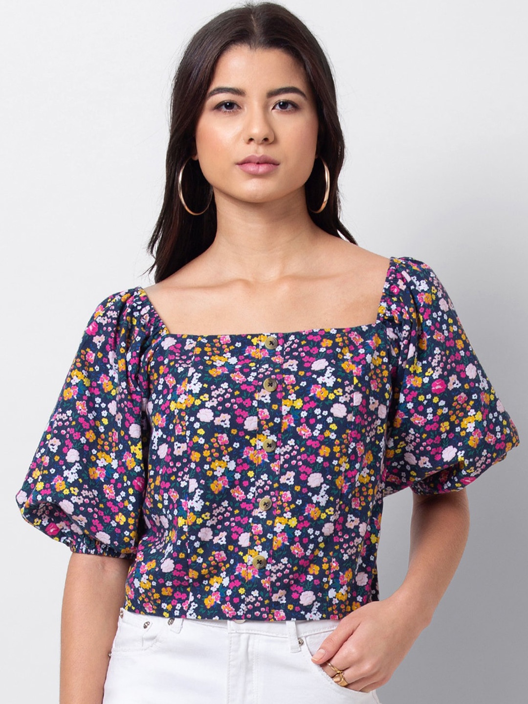

FabAlley Women Navy Blue Ditsy Floral Printed Pure Cotton Top