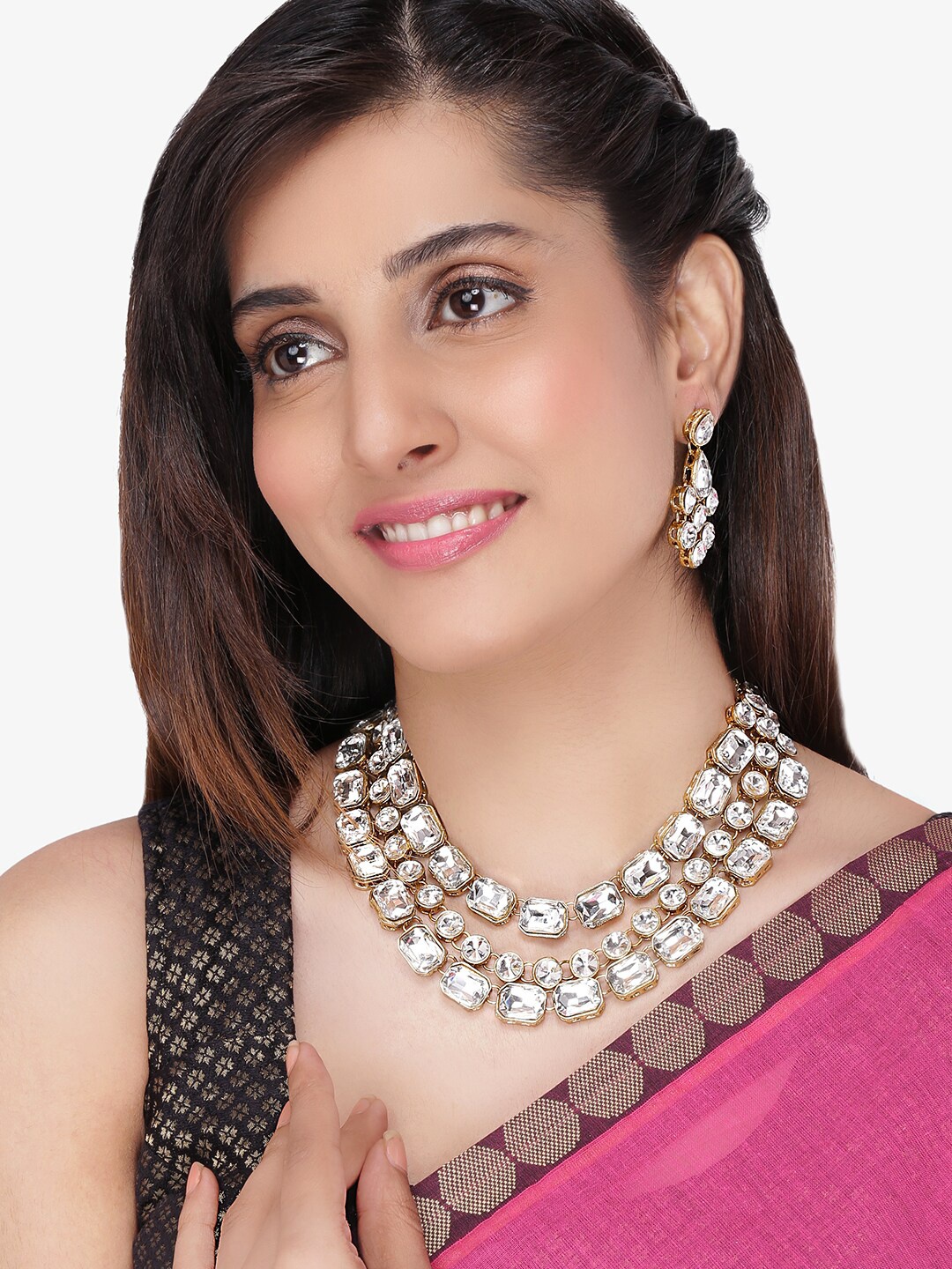 

Yellow Chimes Gold-Plated & White Crystal Embellished Multi-Layered Jewellery Set