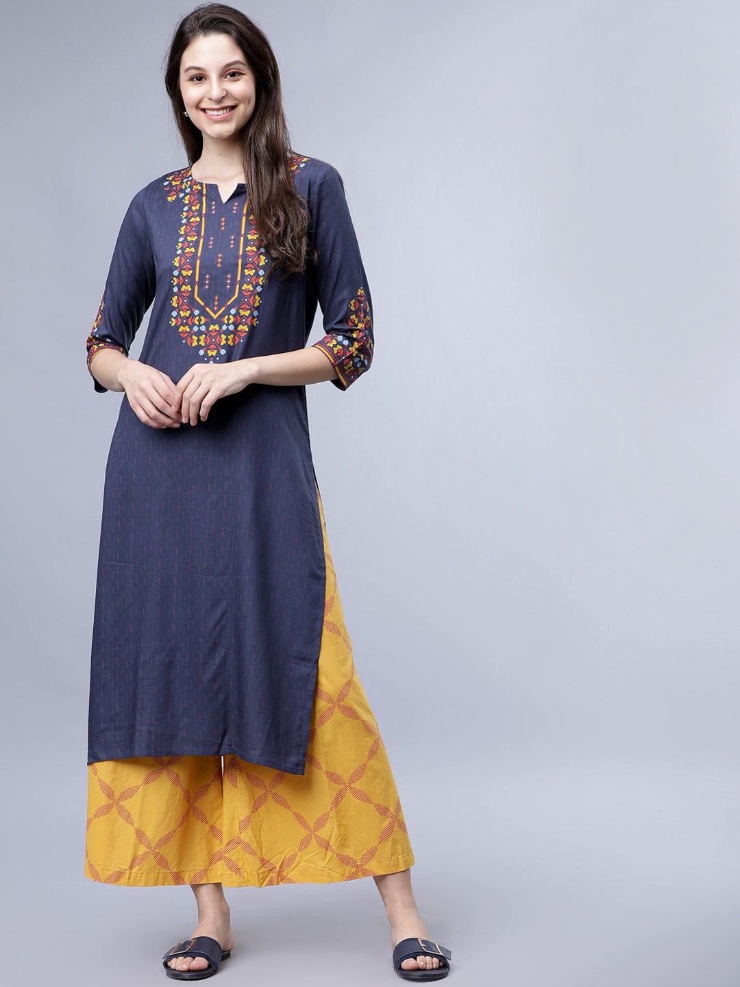 Vishudh Women Blue & Red Yoke Design Straight Kurta