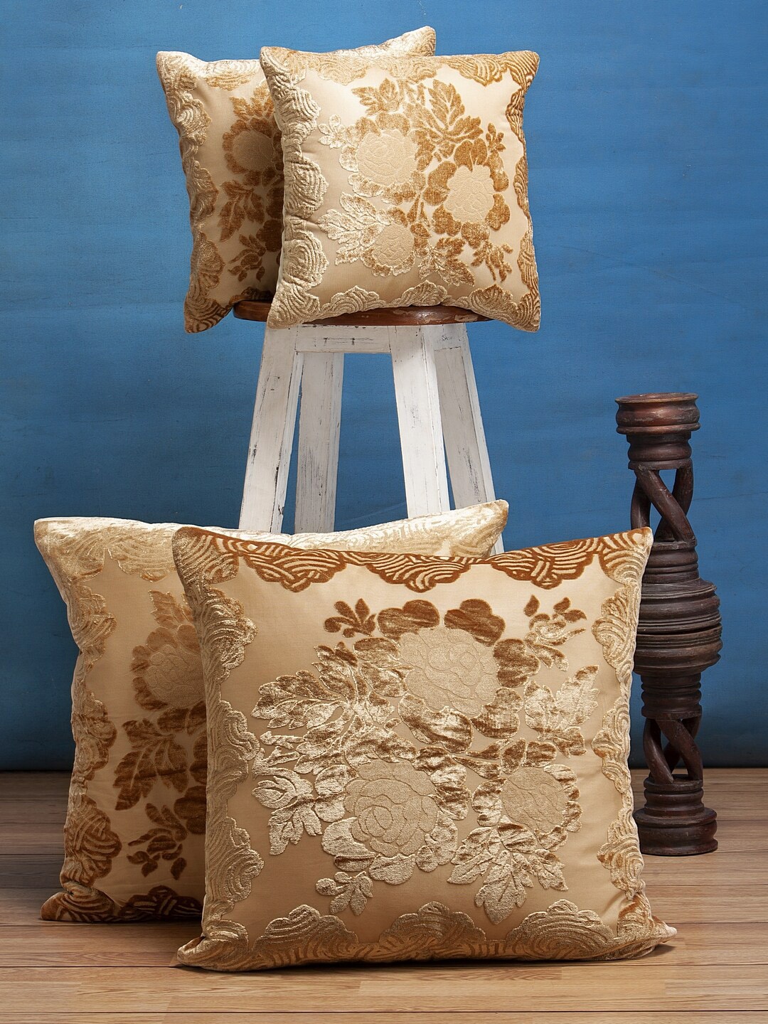 

HOSTA HOMES Gold Set of 4 Self Design Square Cushion Covers