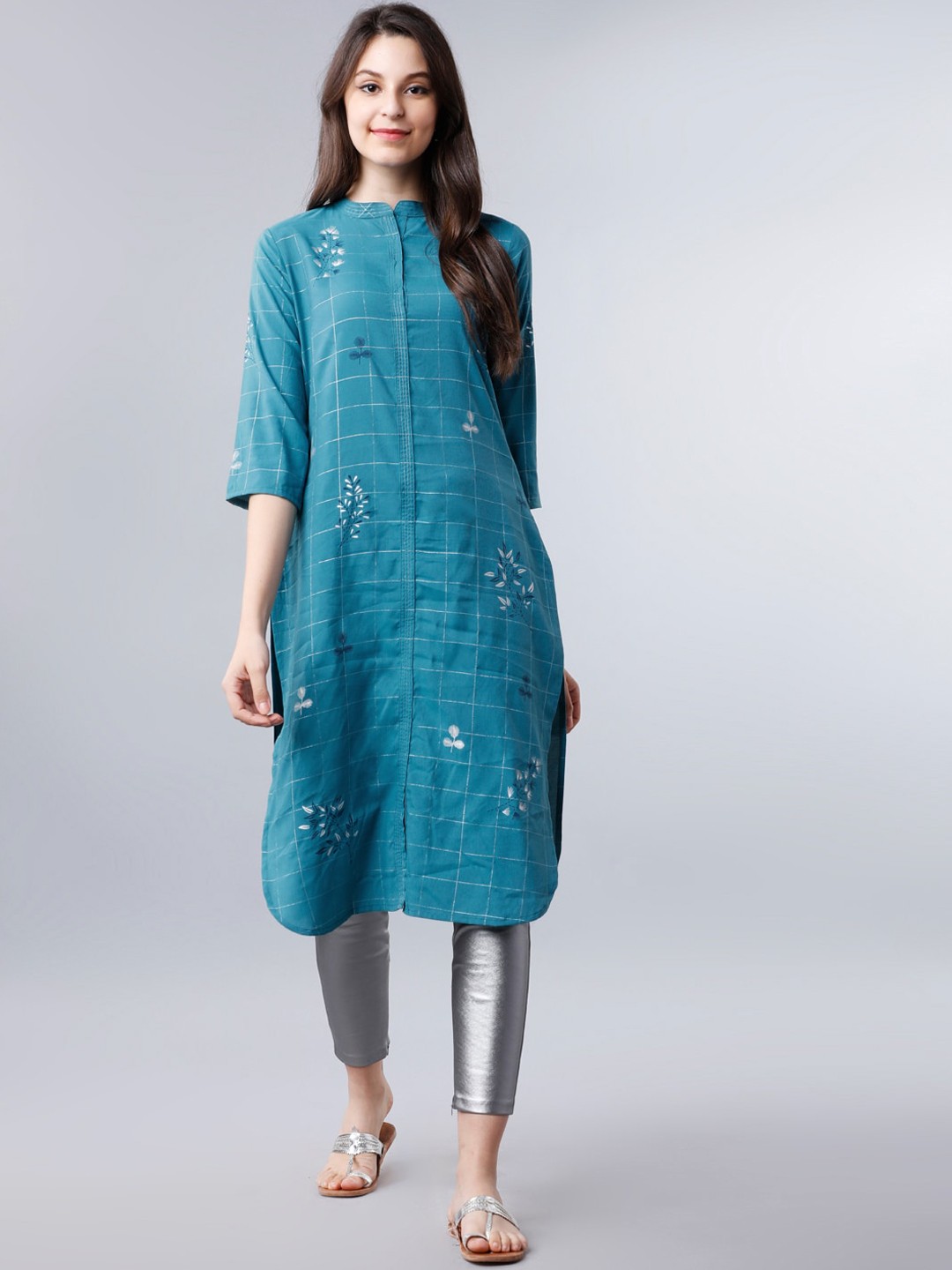 

Vishudh Women Blue Checked Straight Kurta
