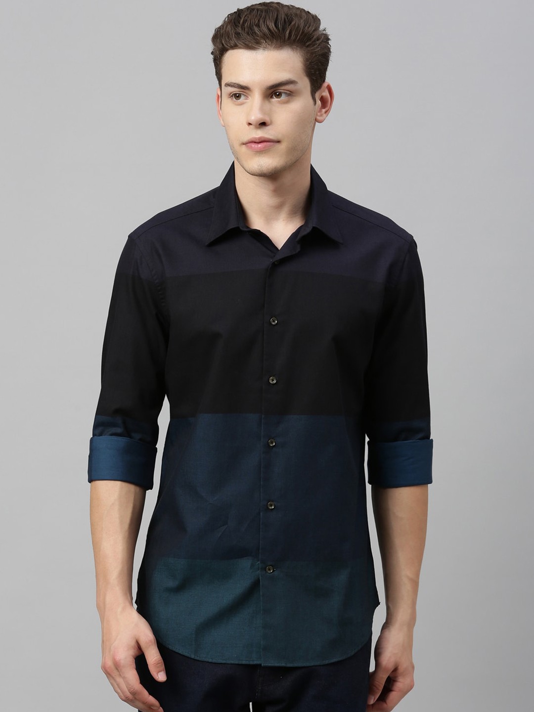

RARE RABBIT Men Blue & Black Tailored Fit Colourblocked Casual Shirt