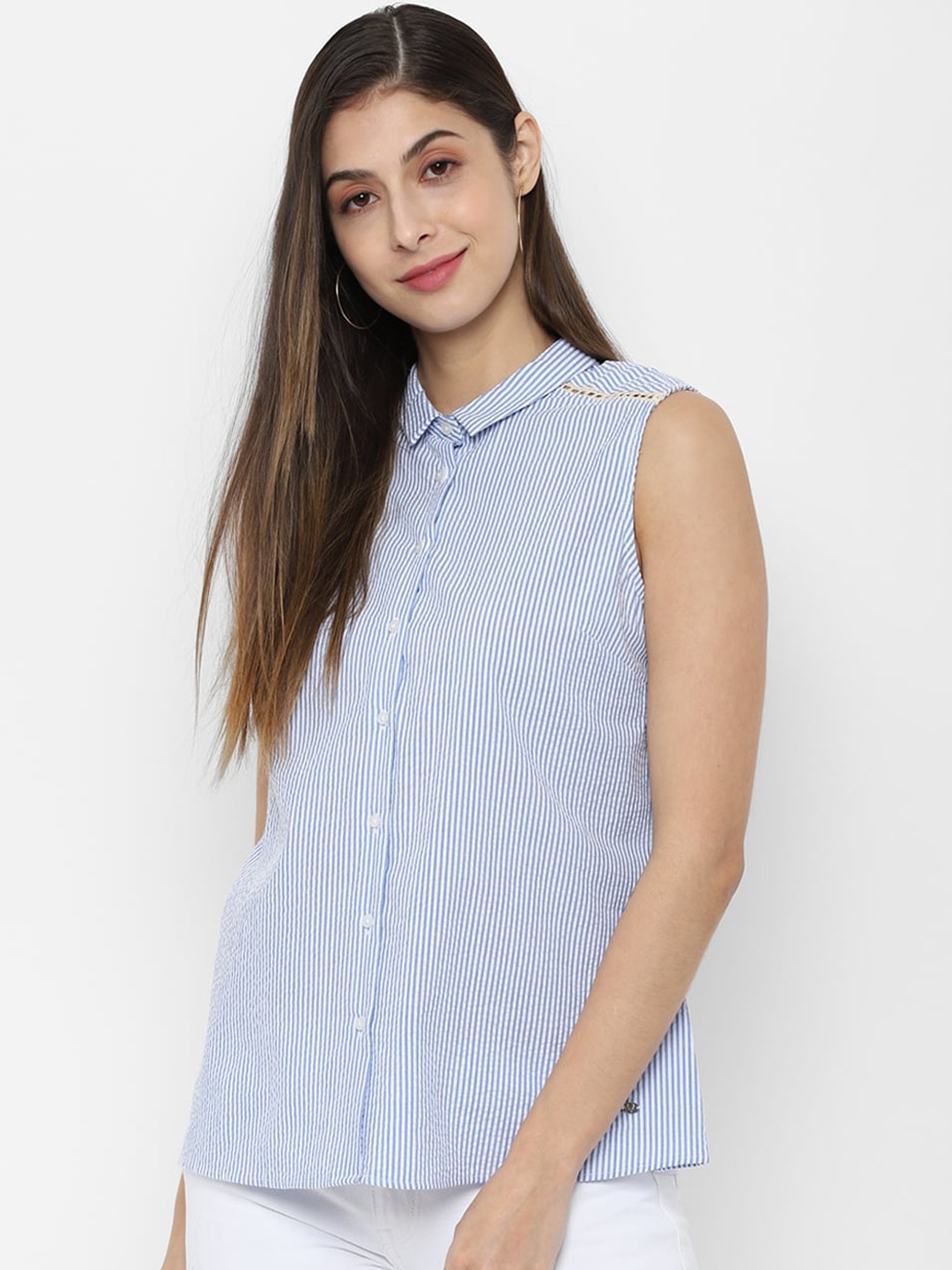 

Allen Solly Woman Women Blue & White Striped Shirt Style Top