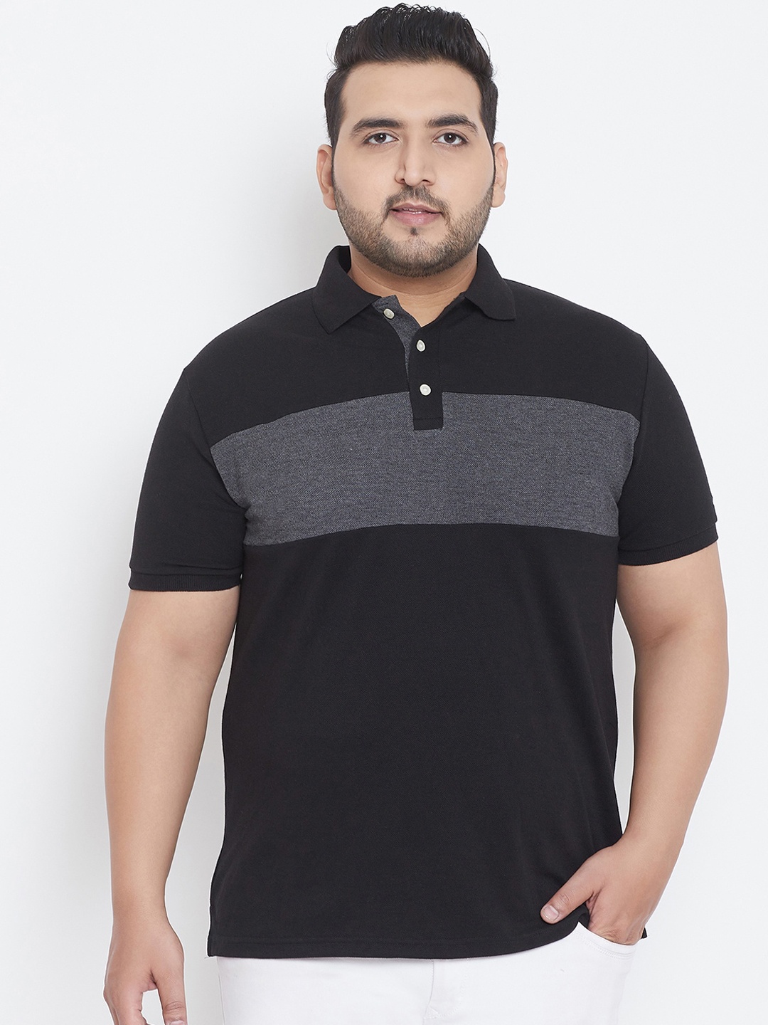 

bigbanana Men Black & Grey Colourblocked Polo Collar T-shirt