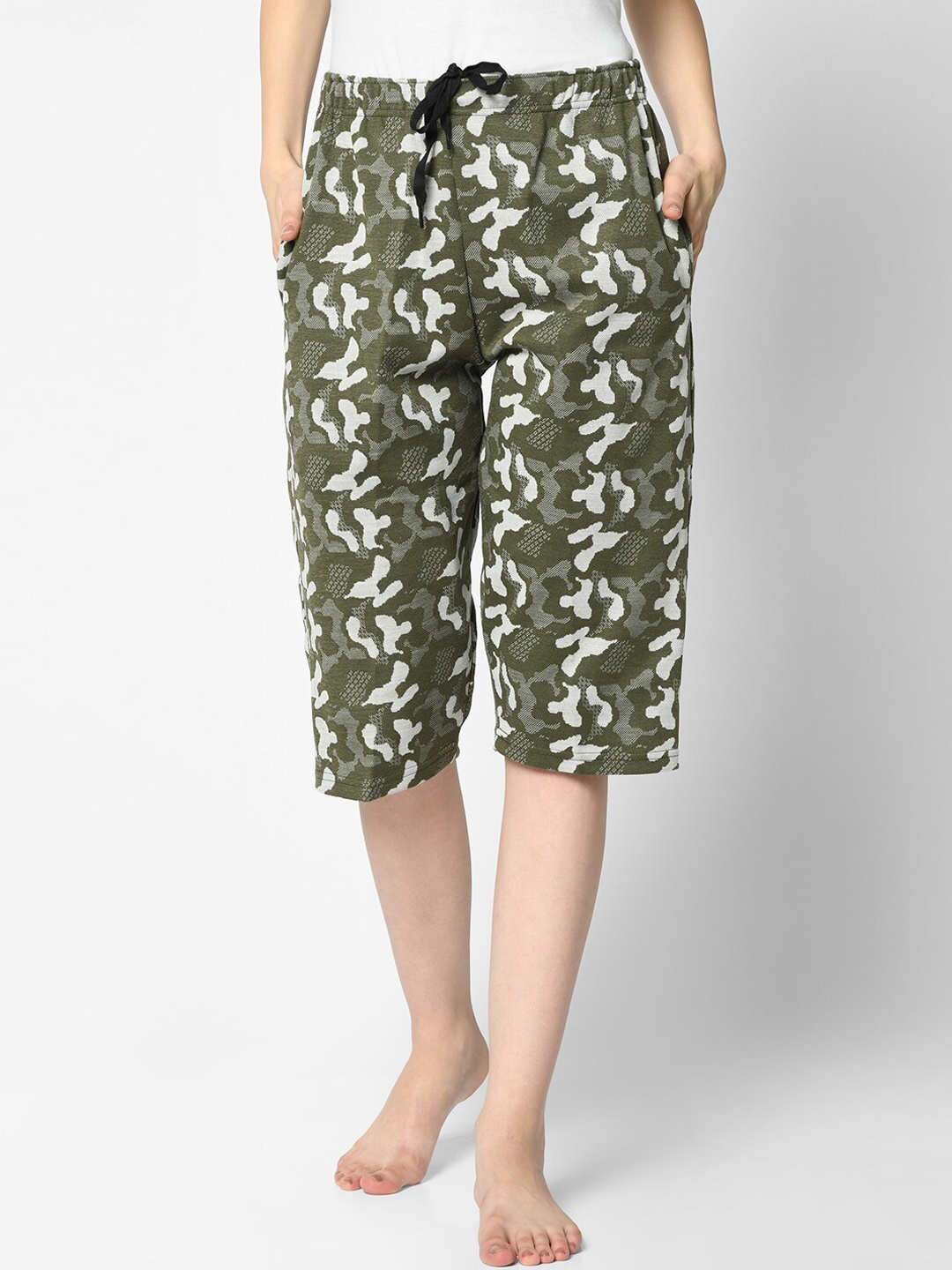 

VIMAL JONNEY Women Olive Green Printed Lounge Shorts