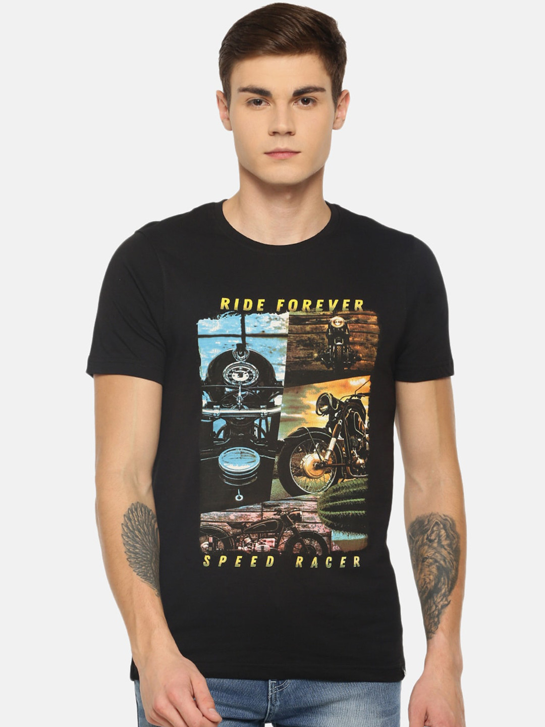 

Dollar Men Black Printed Round Neck T-shirt