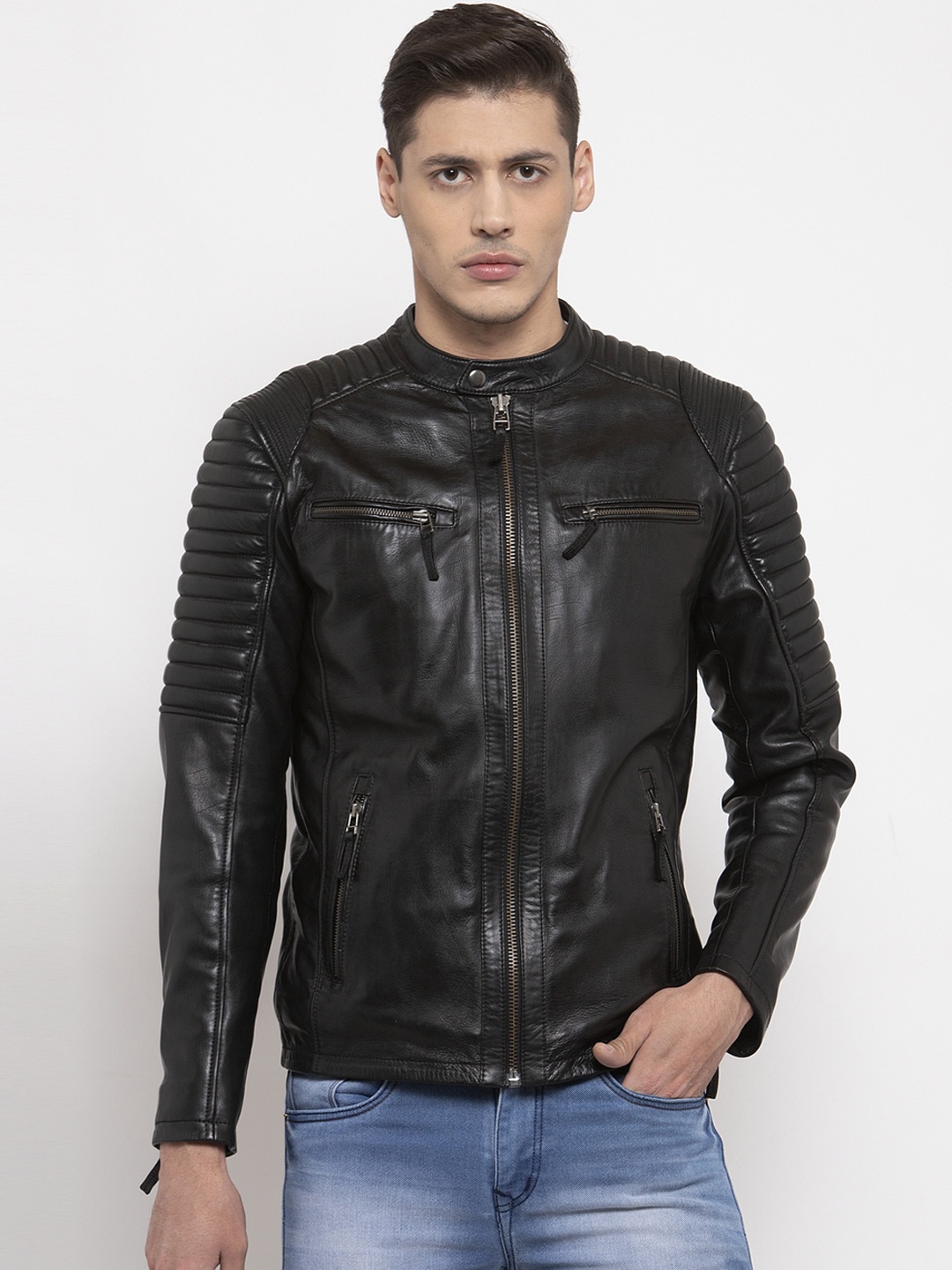 

WELBAWT Men Black Solid Lightweight Biker Jacket