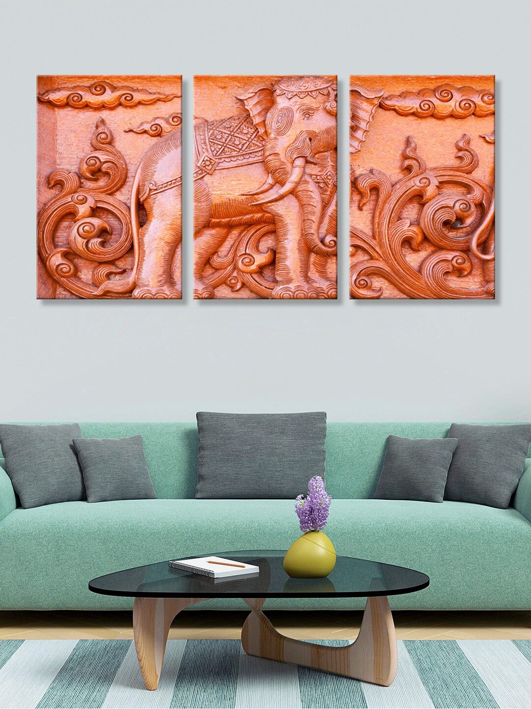 999Store Set of 3 Orange & Brown Decorative Elephant Canvas Wall Art