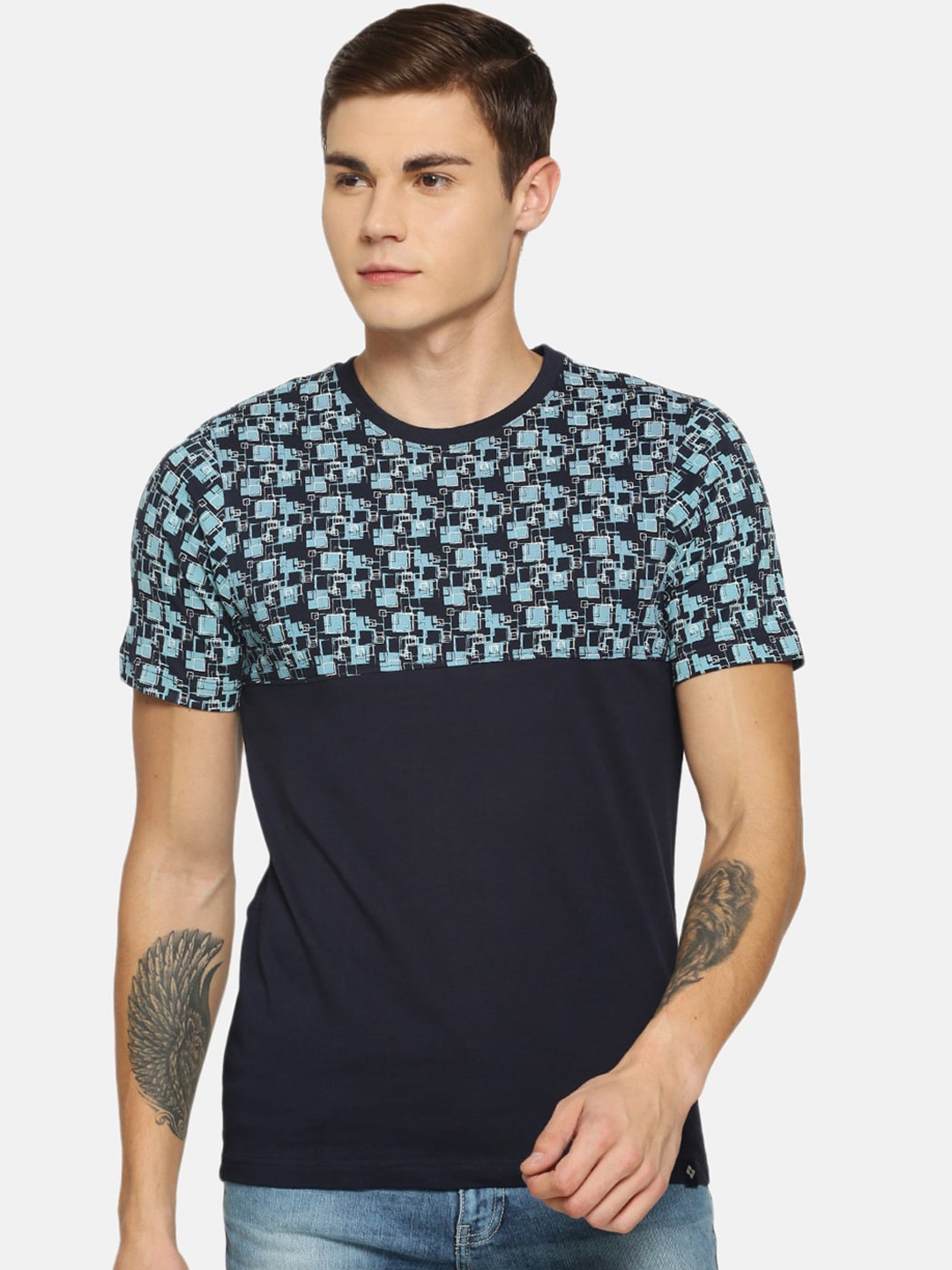 

Dollar Men Navy Blue Printed Round Neck T-shirt