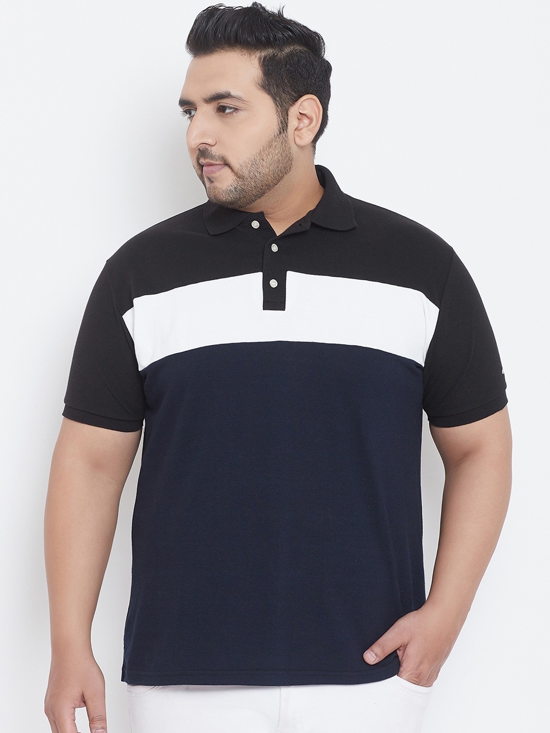 

bigbanana Men Plus Size Navy Blue & White Colourblocked Polo Collar T-shirt