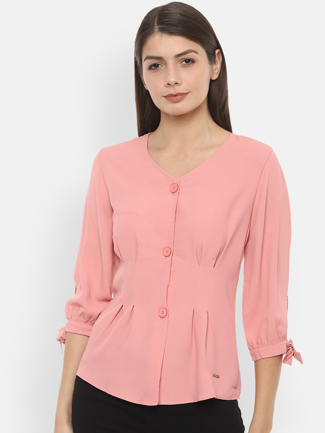 

Van Heusen Woman Peach-Coloured Solid Peplum Top