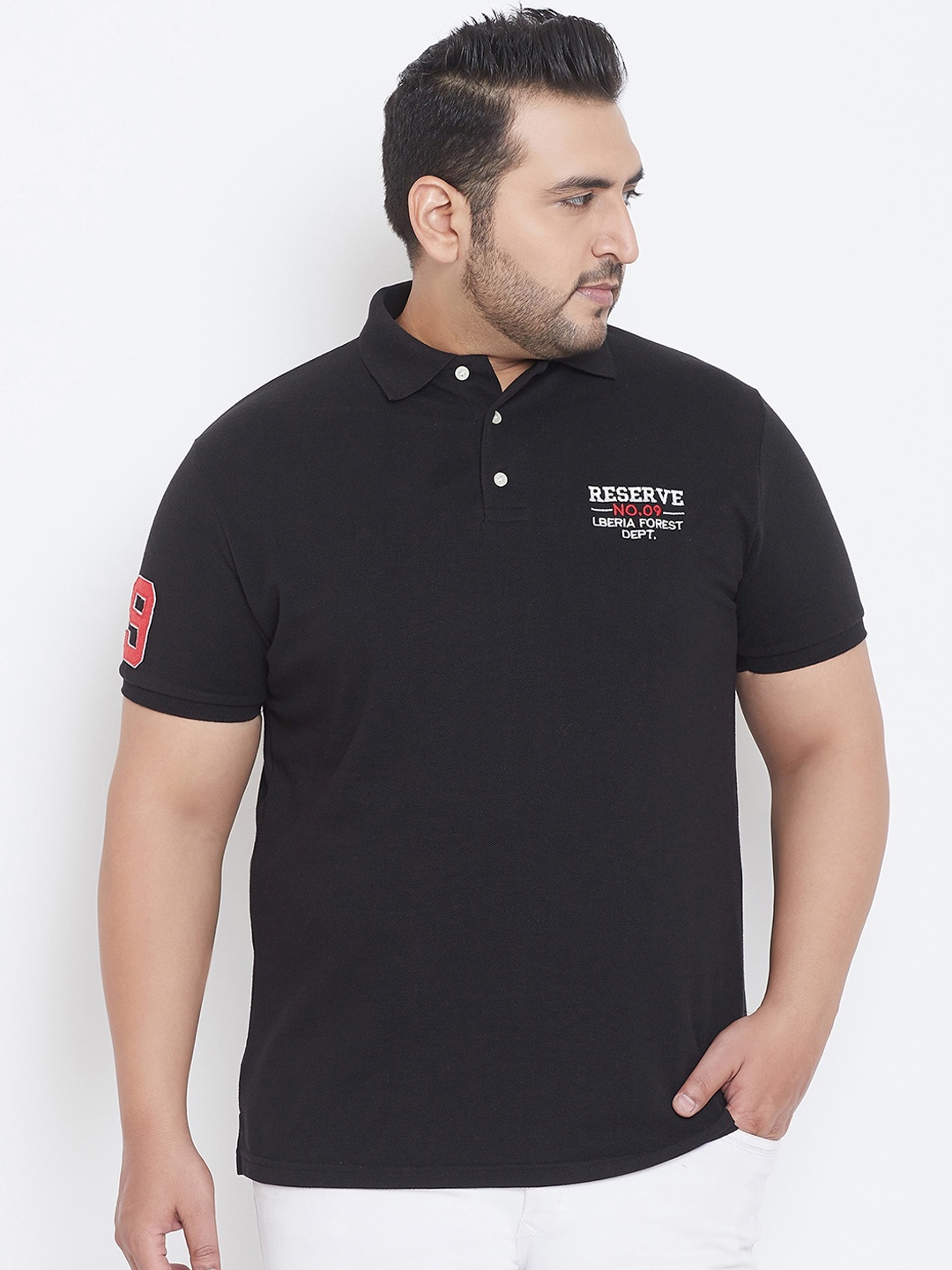 

bigbanana Men Plus Size Black Solid Polo Collar T-shirt