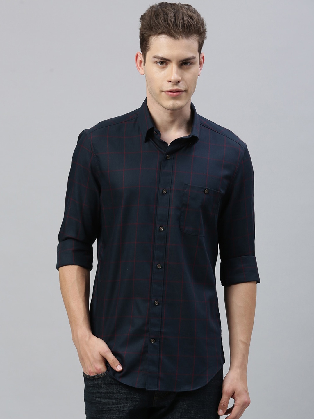 

RARE RABBIT Men Navy Blue Tailored Fit Checked Casual Shirt