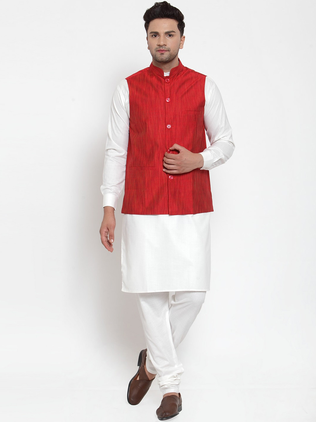 

Jompers Men Red & Off-White Solid Kurta with Pyjamas