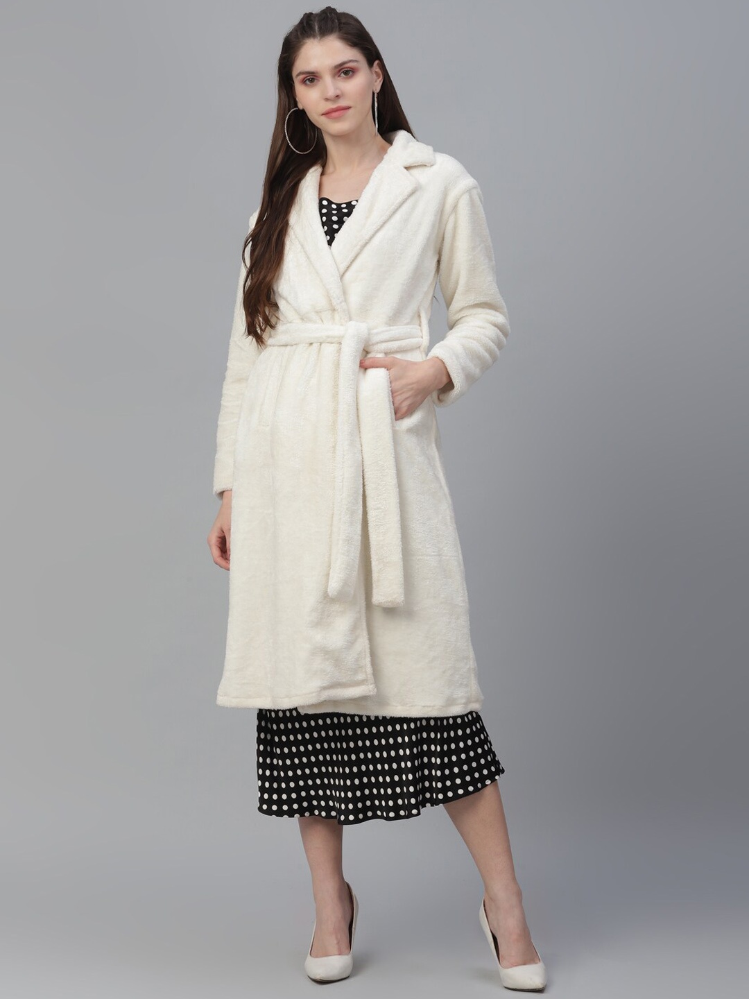 Athena Women White Solid Faux Fur Longline Wrap Coat with Belt