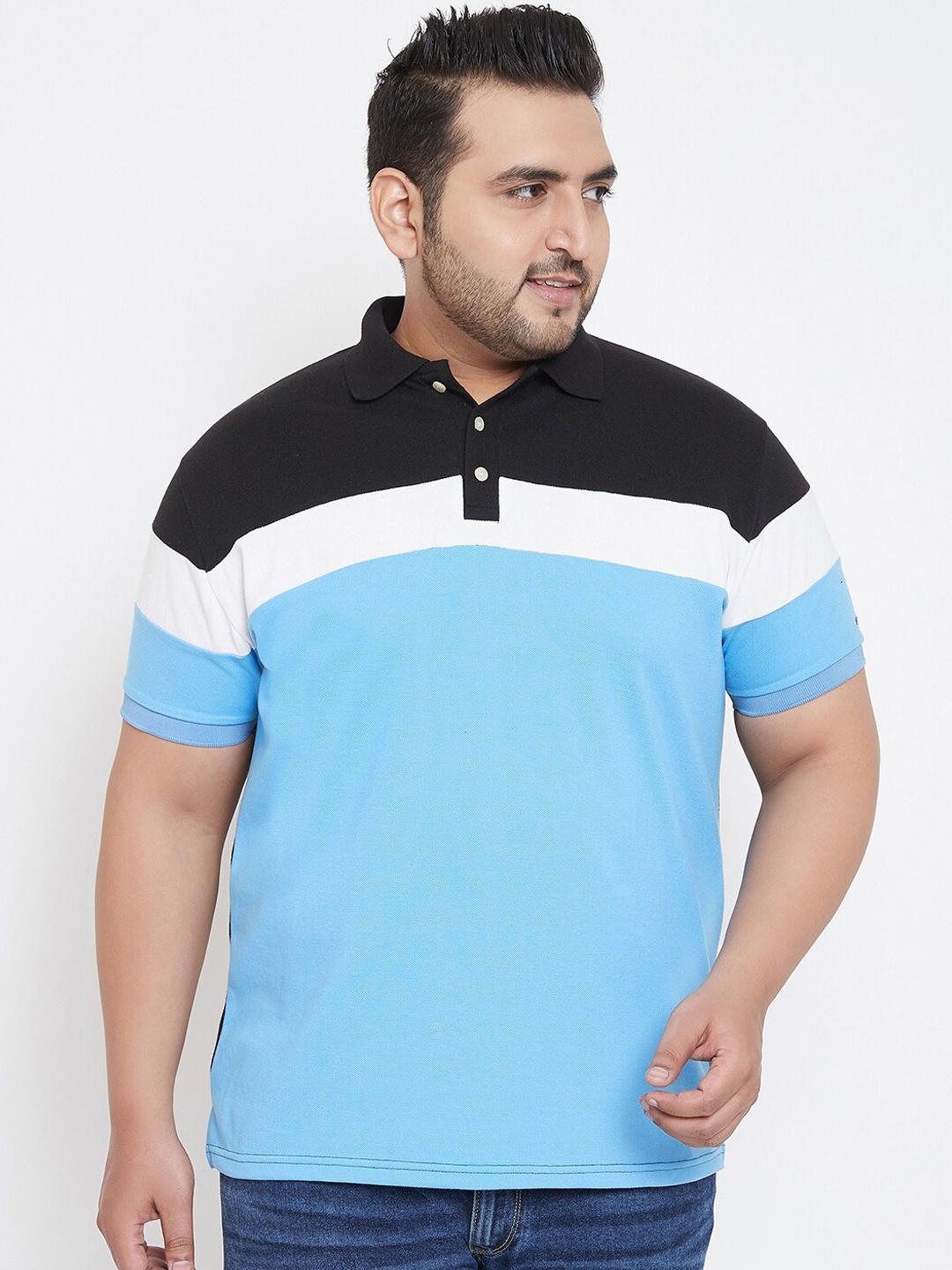 

bigbanana Men Plus Size Blue Colourblocked Polo Collar T-shirt
