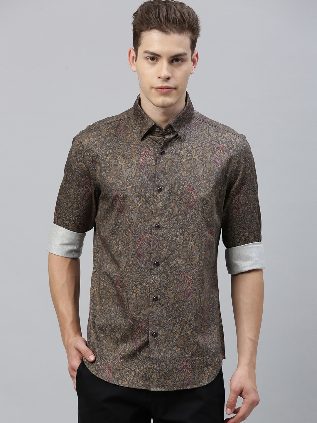 

RARE RABBIT Men Olive Green Tailored Fit Printed Casual Shirt