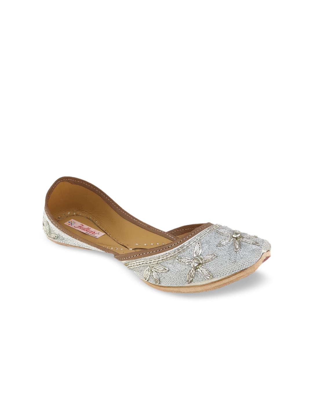

Fulkari Women Silver-Toned & Grey Floral Embellished Leather Mojaris