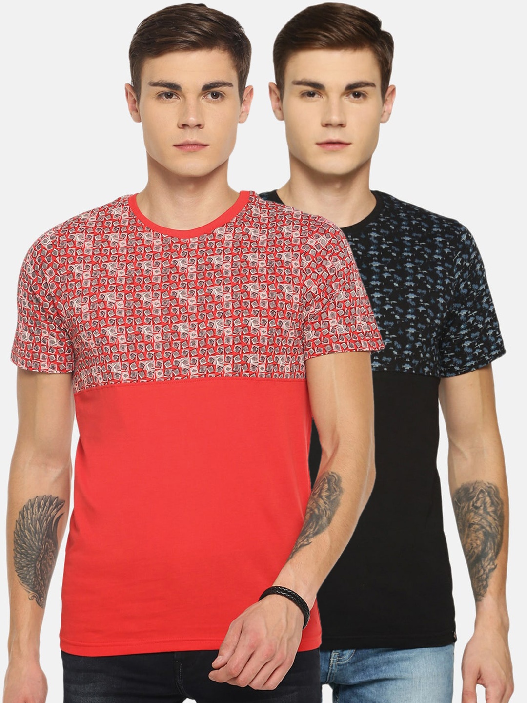 

Dollar Men Pack Of 2 Red & Black Printed Round Neck T-shirts