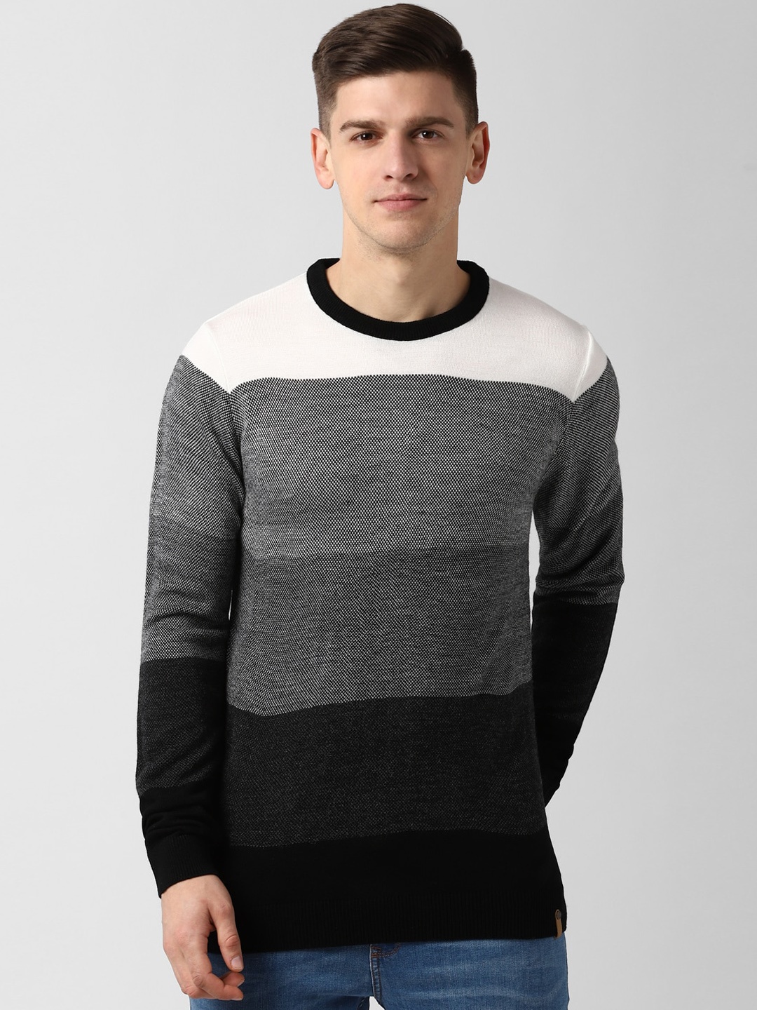 

Peter England Casuals Men Black & White Colourblocked Acrylic Pullover Sweater