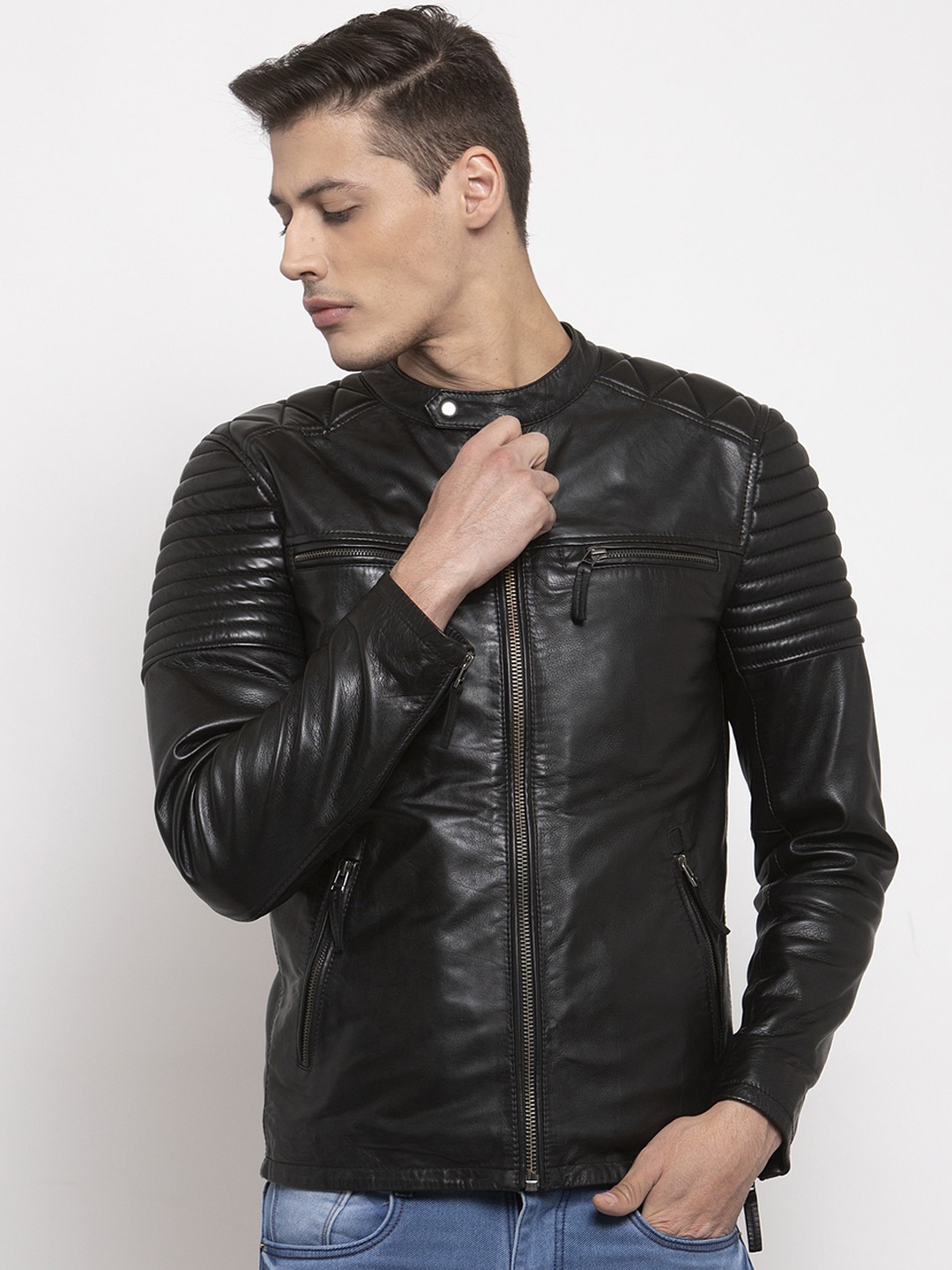 

WELBAWT Men Black Solid Lightweight Biker Jacket