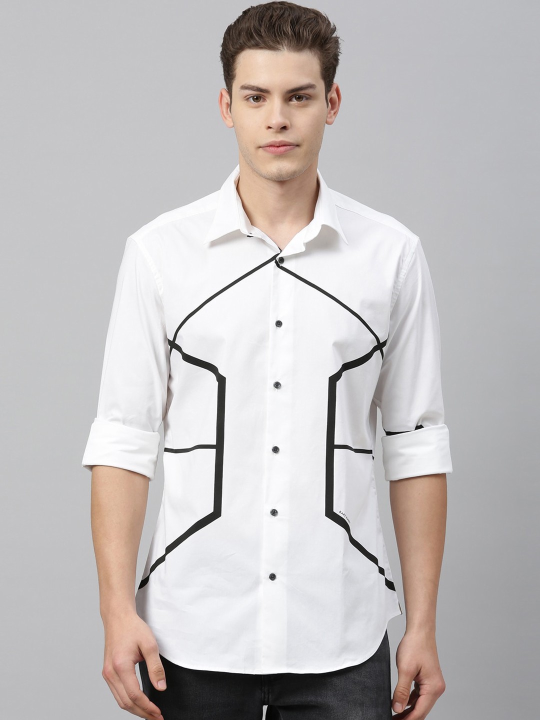 

RARE RABBIT Men White & Black Tailored Fit Printed Casual Shirt