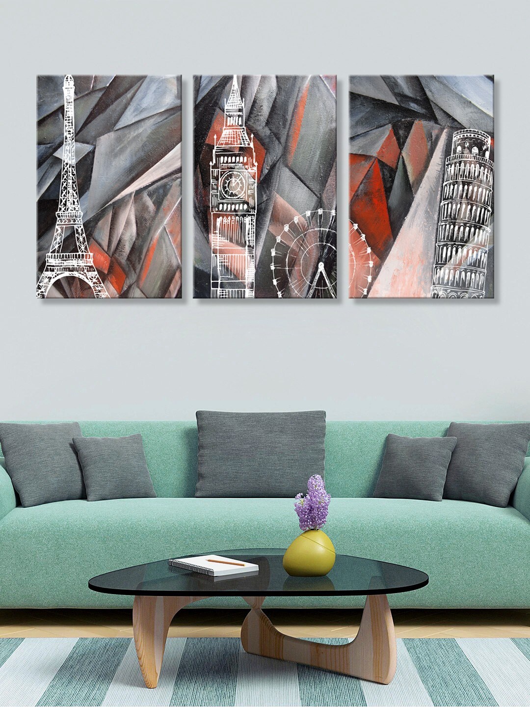 

999Store Set of 3 Grey & White Countries HD Canvas Wall Paintings