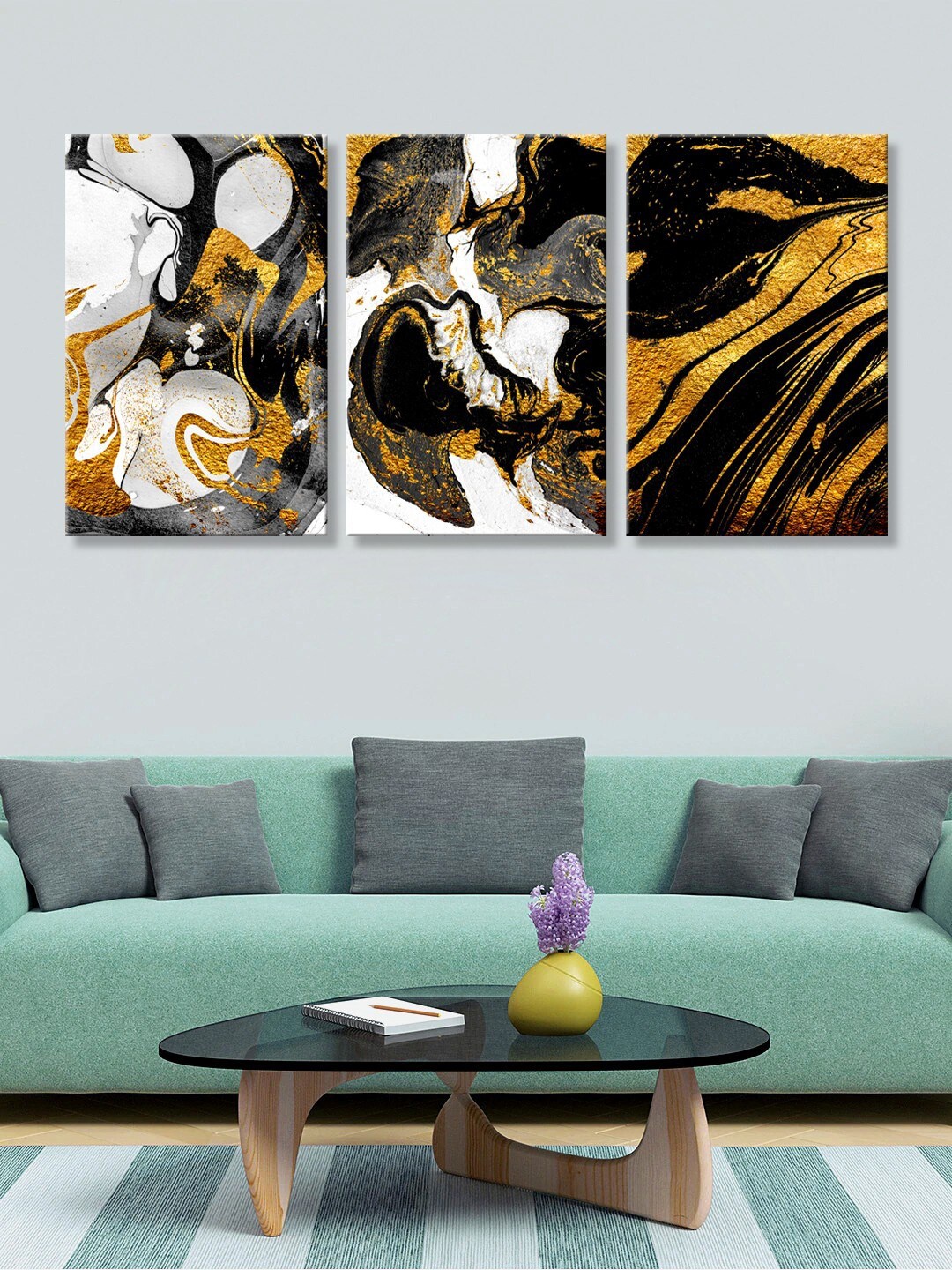 

999Store Set Of 3 Black & Gold-Toned Abstract Printed Canvas Wall Art