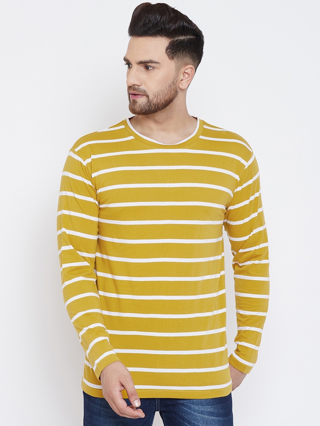Hypernation Men Yellow Striped Round Neck Pure Cotton T-shirt
