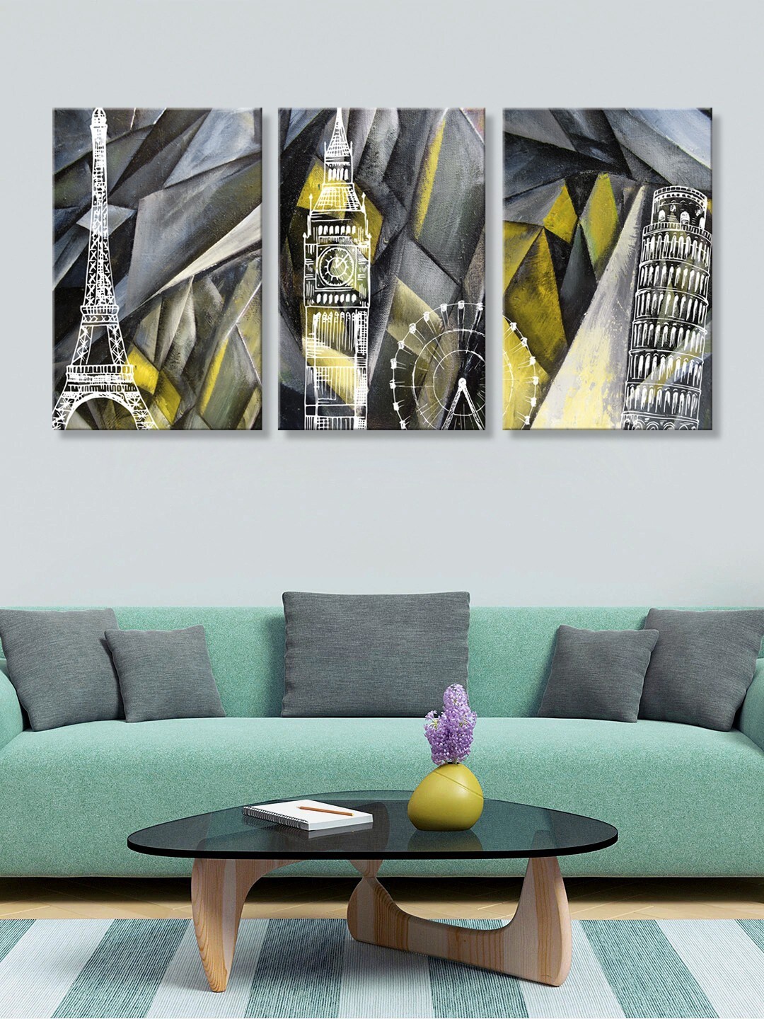 

999Store Set of 3 Grey & Yellow Eiffel Tower, Big Ben UK, Leaning Tower of Pisa Canvas Painting Wall Art