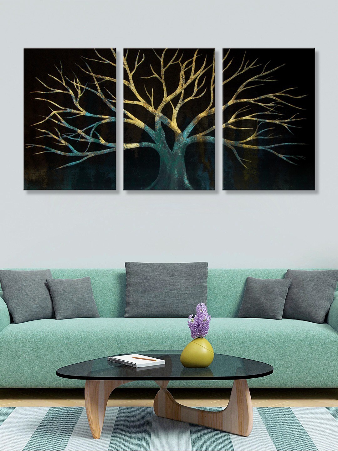 

999Store Set Of 3 Black & Yellow Printed Tree Art Panels Wall Painting