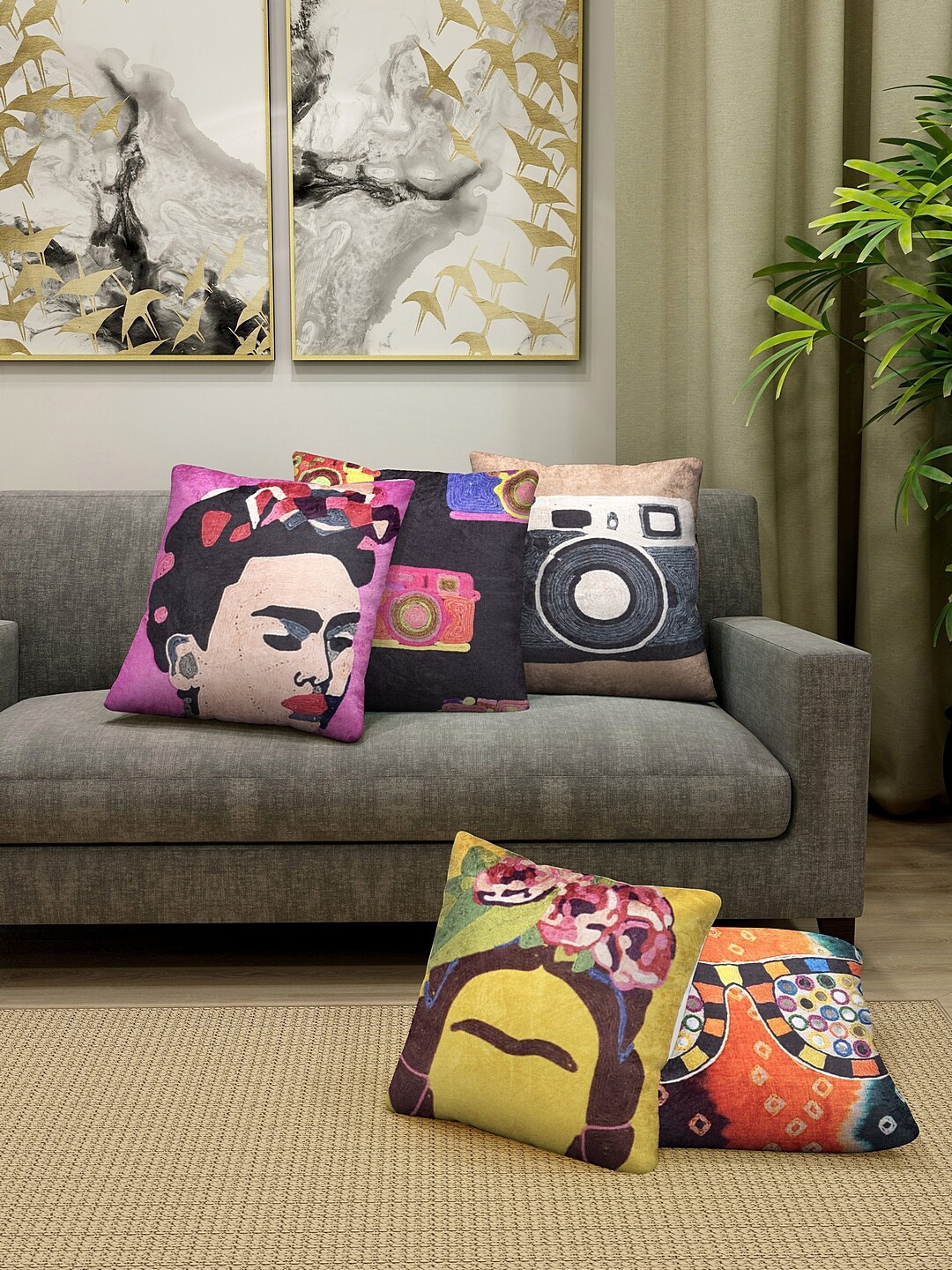 

HOSTA HOMES Multicoloured Set of 5 Quirky Square Cushion Covers, Multi