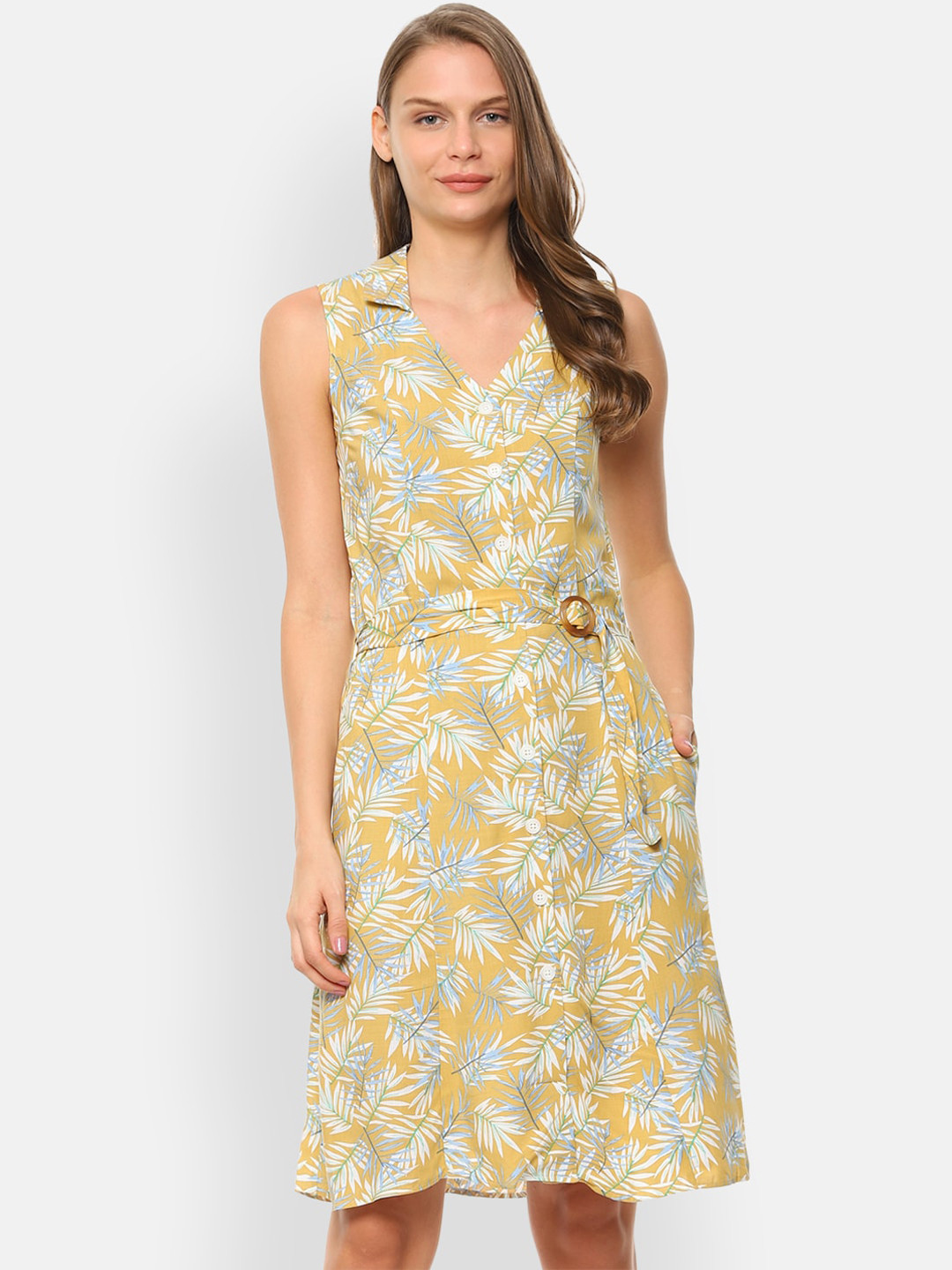 

Van Heusen Women Mustard Yellow Printed Wrap Dress